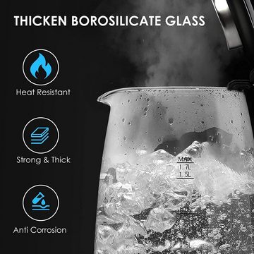 Bonsenkitchen Wasserkocher Wasserkocher aus Glas, 1,7 L 2200 W Wasserkocher mit blauer LED-Beleuchtung, automatischer Abschaltung und Überhitzungsschutz, Innendeckel und Boden aus 304 Edelstahl (BPA-frei), 1,7 l, 2200 W