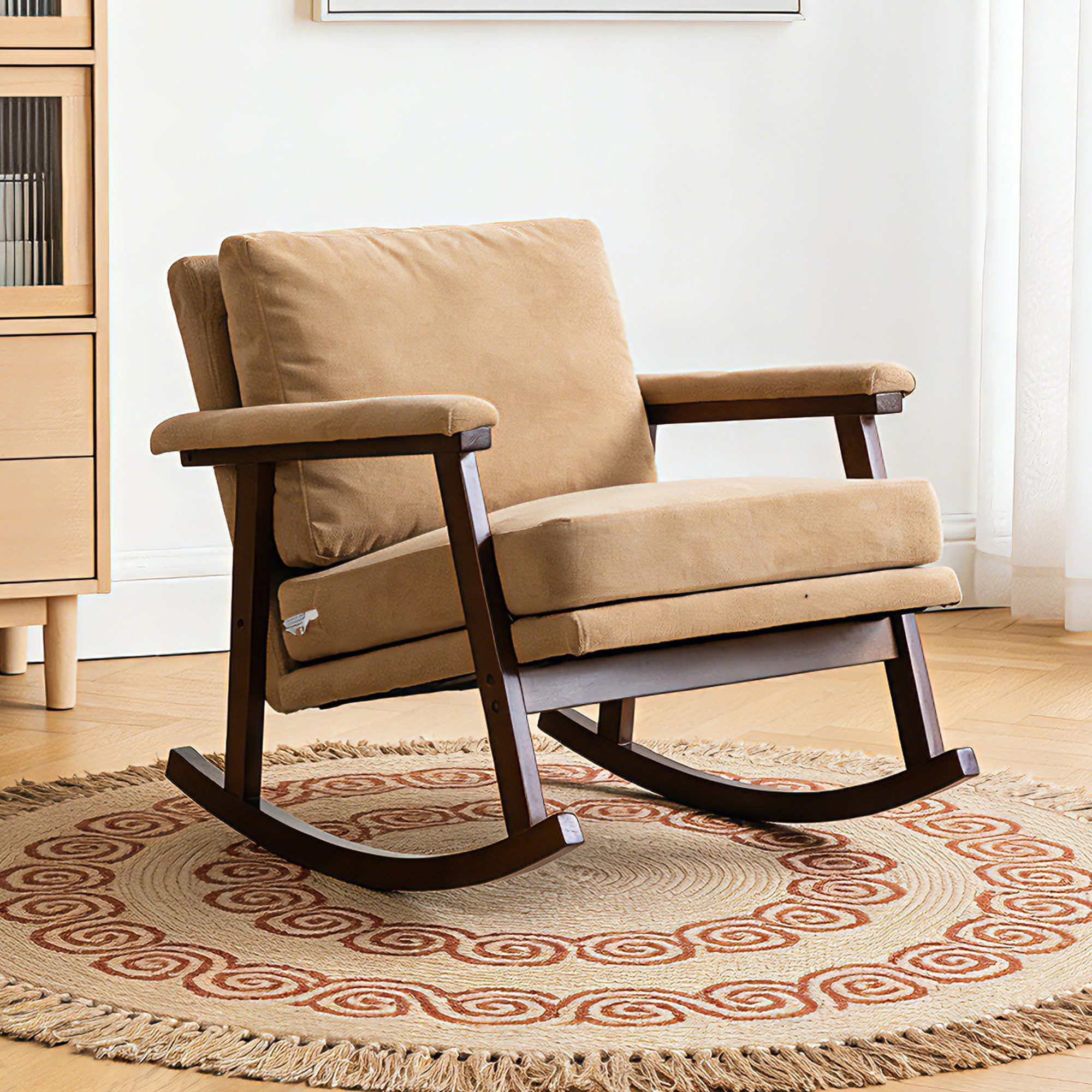 KLAM HOME Schaukelstuhl Mid-Century Schaukelstuhl mit Holzgestell und edlem Samtbezug (Komfortabler gepolsterter Lesesessel für Wohn- und Schlafzimmer), Stilvoller weißer Schaukelstuhl, perfekt zum Entspannen und Lesen
