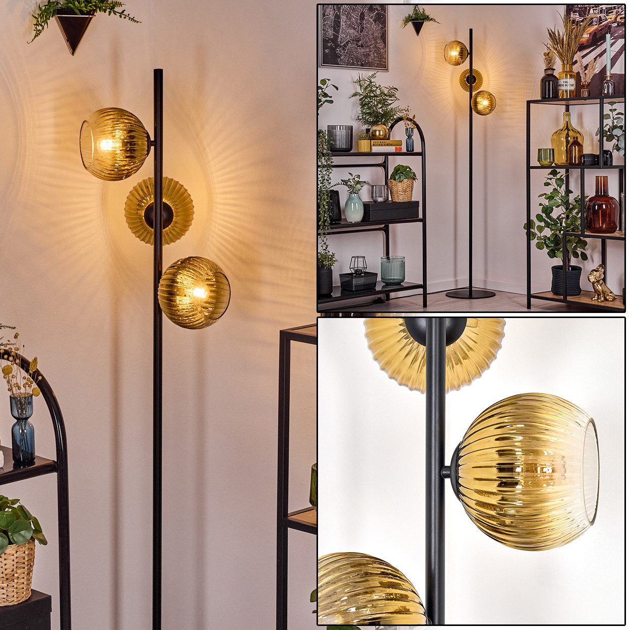 Stehlampe Stehlampe aus Metall/Riffelglas in Schwarz/Gold/Klar