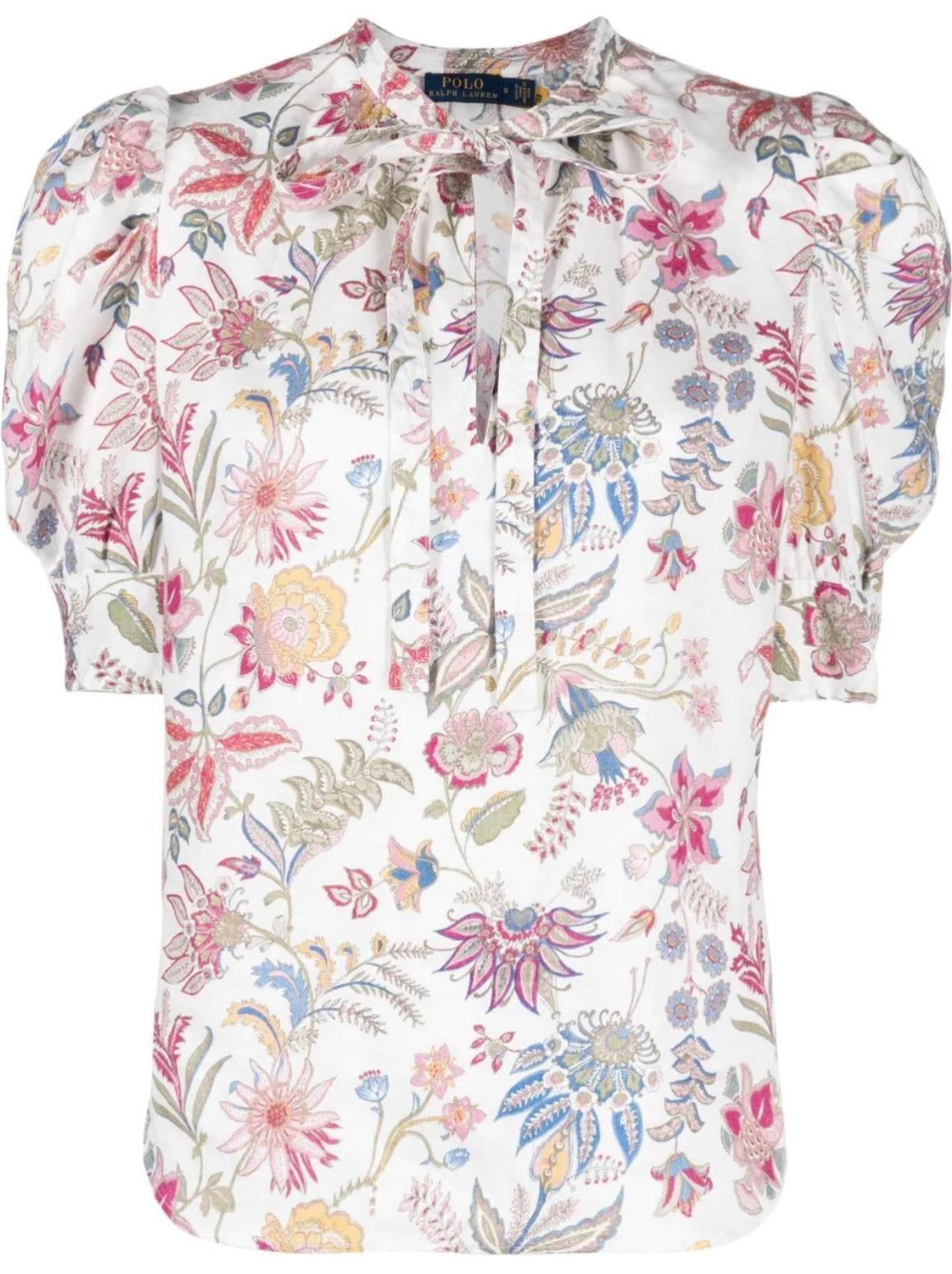 Polo Ralph Lauren Blusentop Damen Bluse aus Leinen mit floralem Print und Schluppe Tie-Neck-Schluppe, kurze Puffärmel, atmungsaktive Haptik