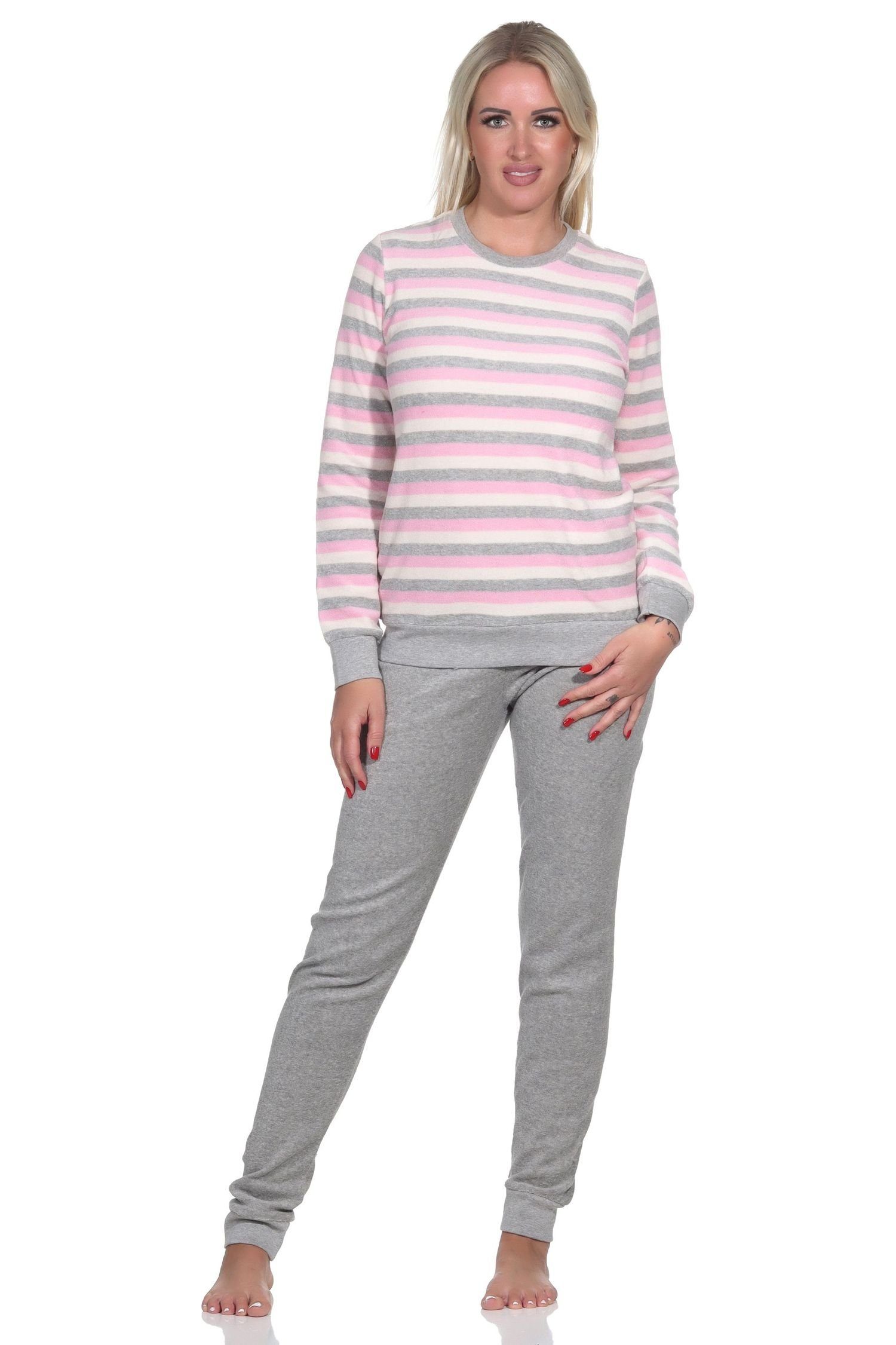 Normann Pyjama Damen Frottee Schlafanzug langarm mit Bündchen in Streifenoptik rosa1