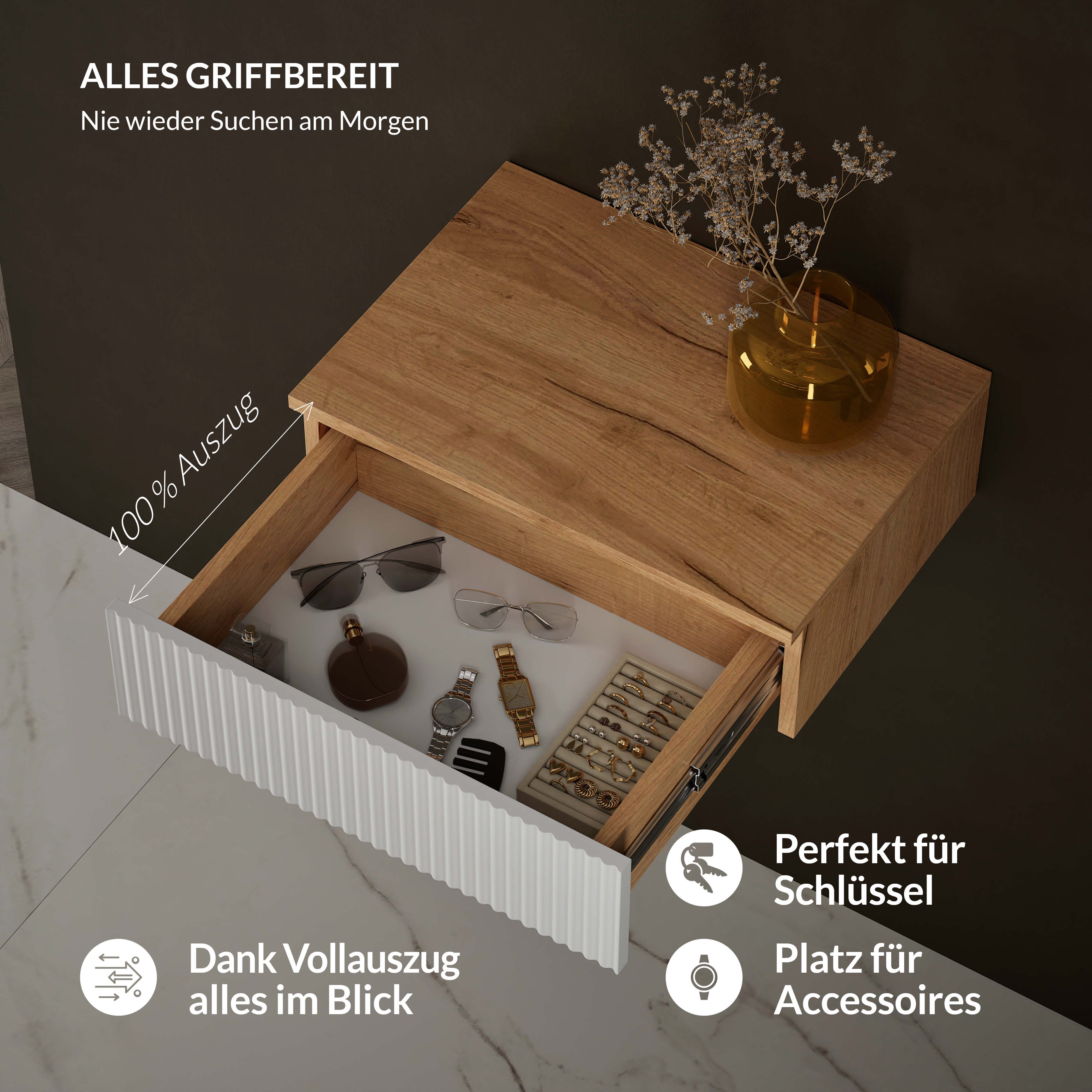 Planetmöbel Konsolentisch AMYRA (Wandmontage, 50 x 16 x 35 cm, 1-St., Gold Eiche - Weiß), Wand-Konsole für Garderobe, Flur und Schminktisch – Bild 3 von 5