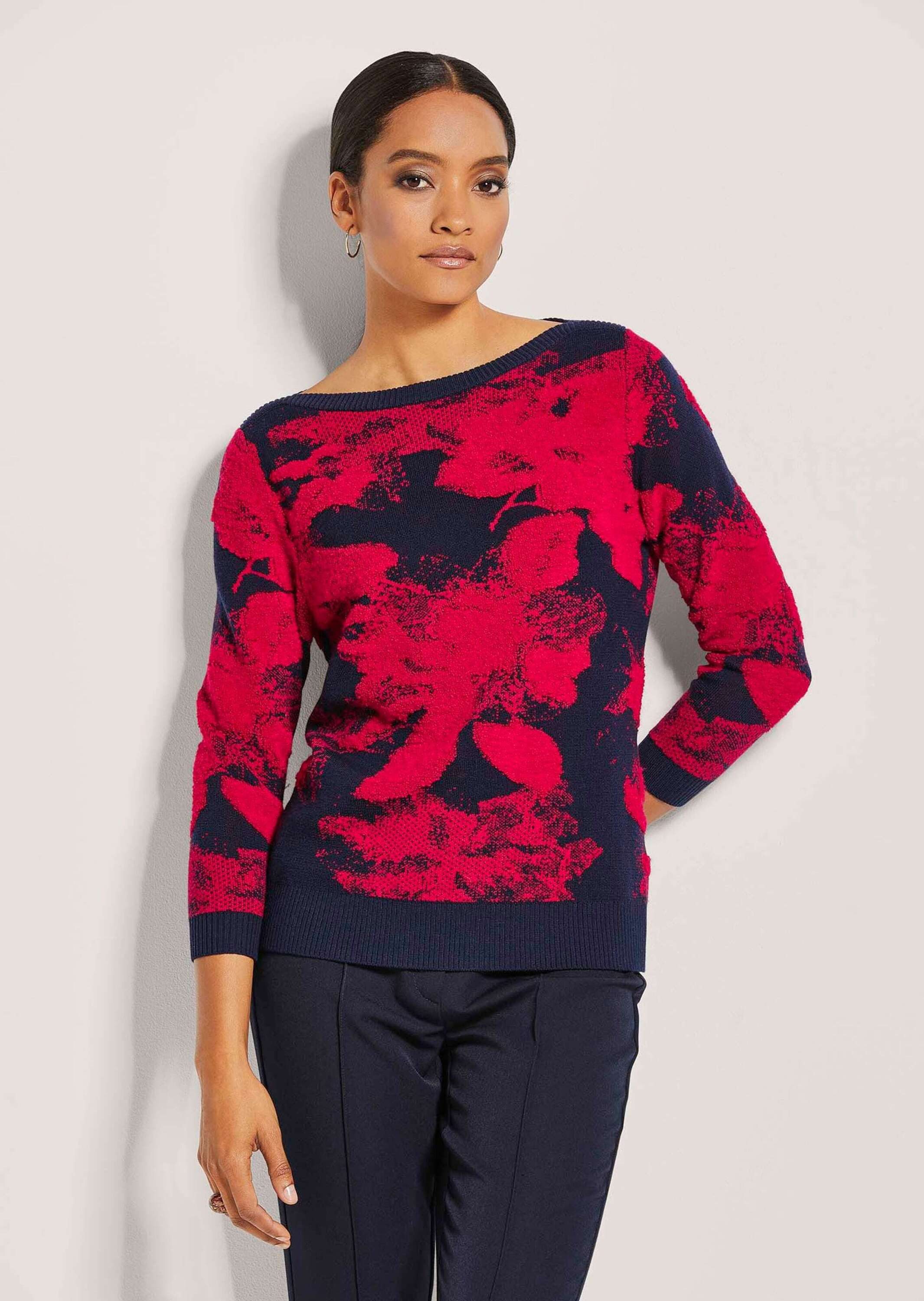 MADELEINE Вязаные свитера Jacquardpullover mit Druck, Langarm Wolloberteil in weicher Jersey-Qualität mit U-Boot-Ausschnitt, Halbarm