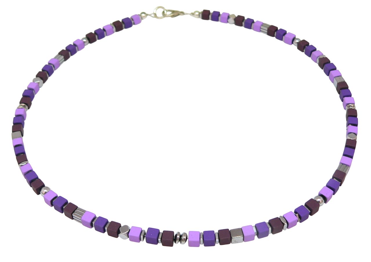 traumschmuck Collier 071d Halskette Würfelkette Hämatit matt lila flieder violett silber (Geschenk, Muttertag, Weihnachten, Geburtstag, Valentinstag, incl. Schmuckbox), handgefertigt, Made in Germany