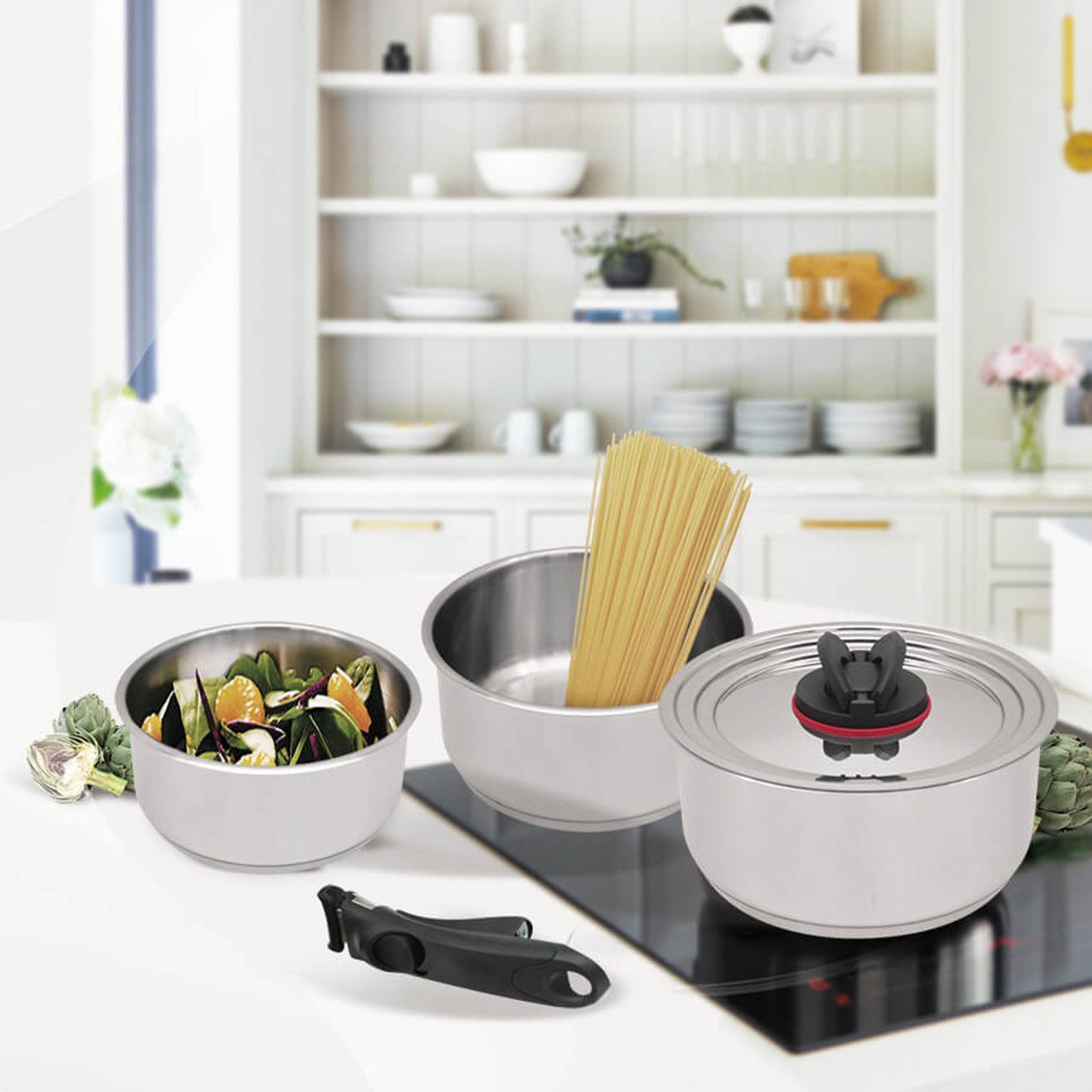 Maestro Kochtopf 3er-Set Töpfe abnehmbarer Griff, 1,3 1,9 und 2,7 l, Edelstahl (3er-Set), 3er-Set mit abnehmbarer Griff