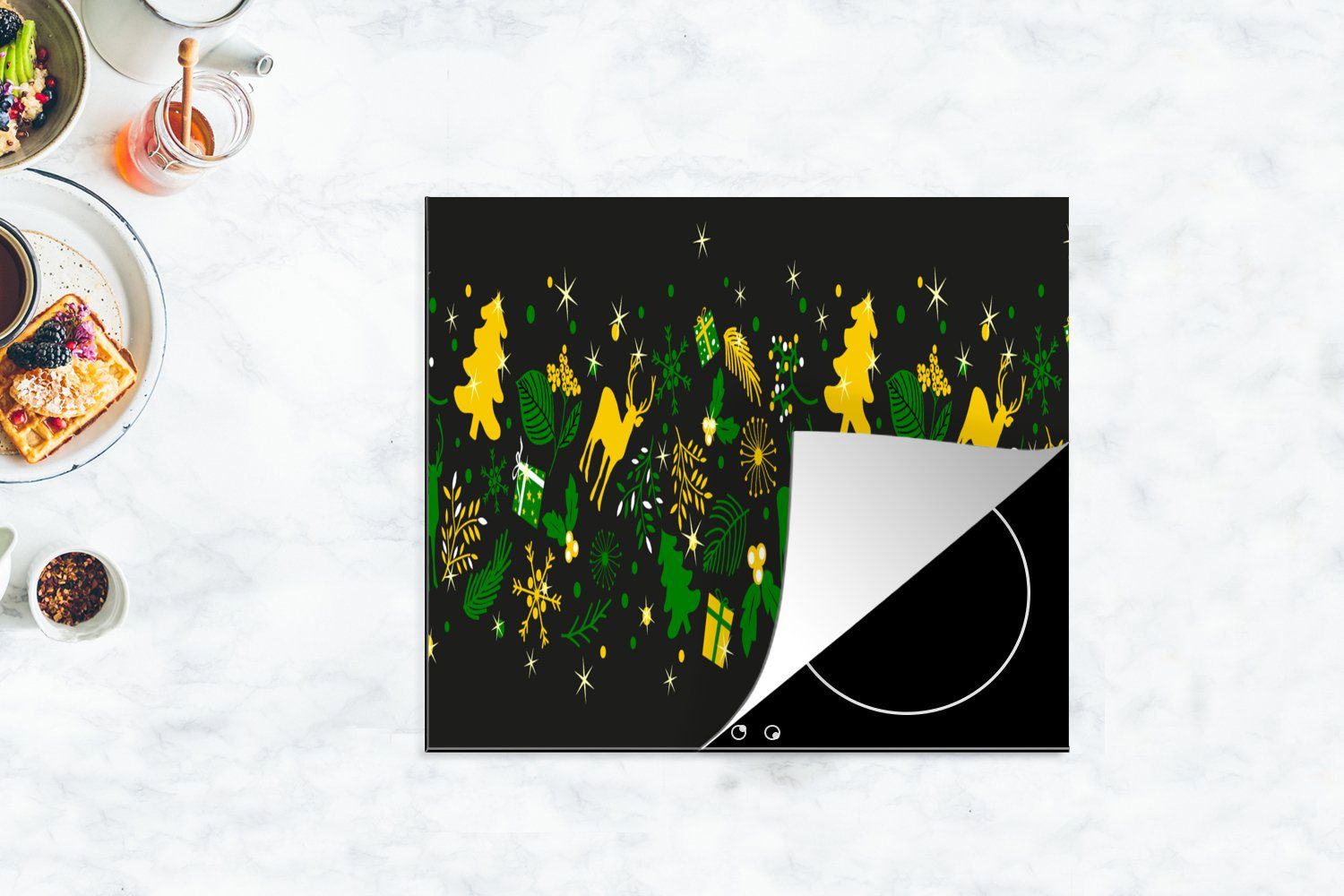 Ceranfeldabdeckung - Arbeitsfläche MuchoWow - nutzbar, Muster Weihnachten Vinyl, (1 cm, 60x52 Hirsche, Mobile tlg), Herdblende-/Abdeckplatte