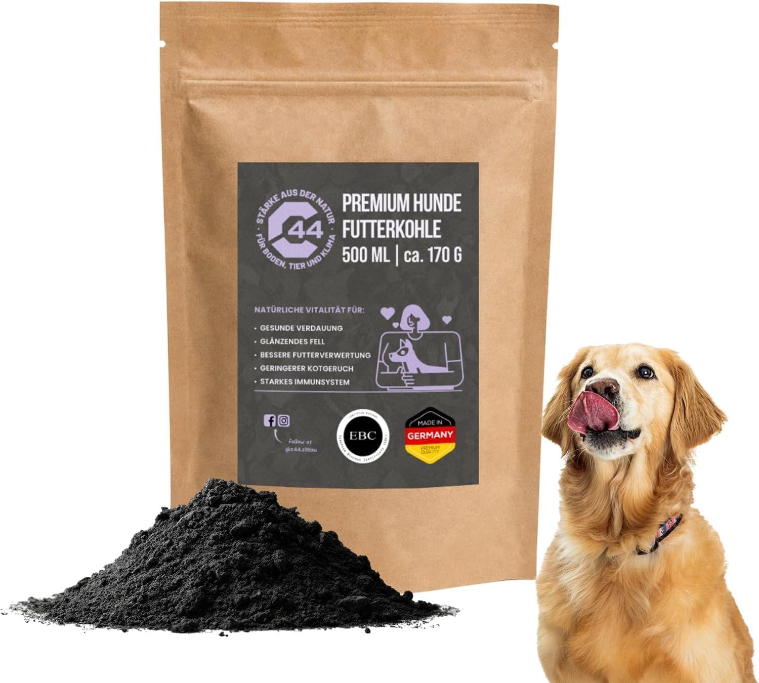 C44-Zittau EBC-zertifizierte Futterkohle - staubarm und hochrein, für: Hunde, Hochporöses Kohlepulver für Verdauung und Darmfunktion, 500 ml
