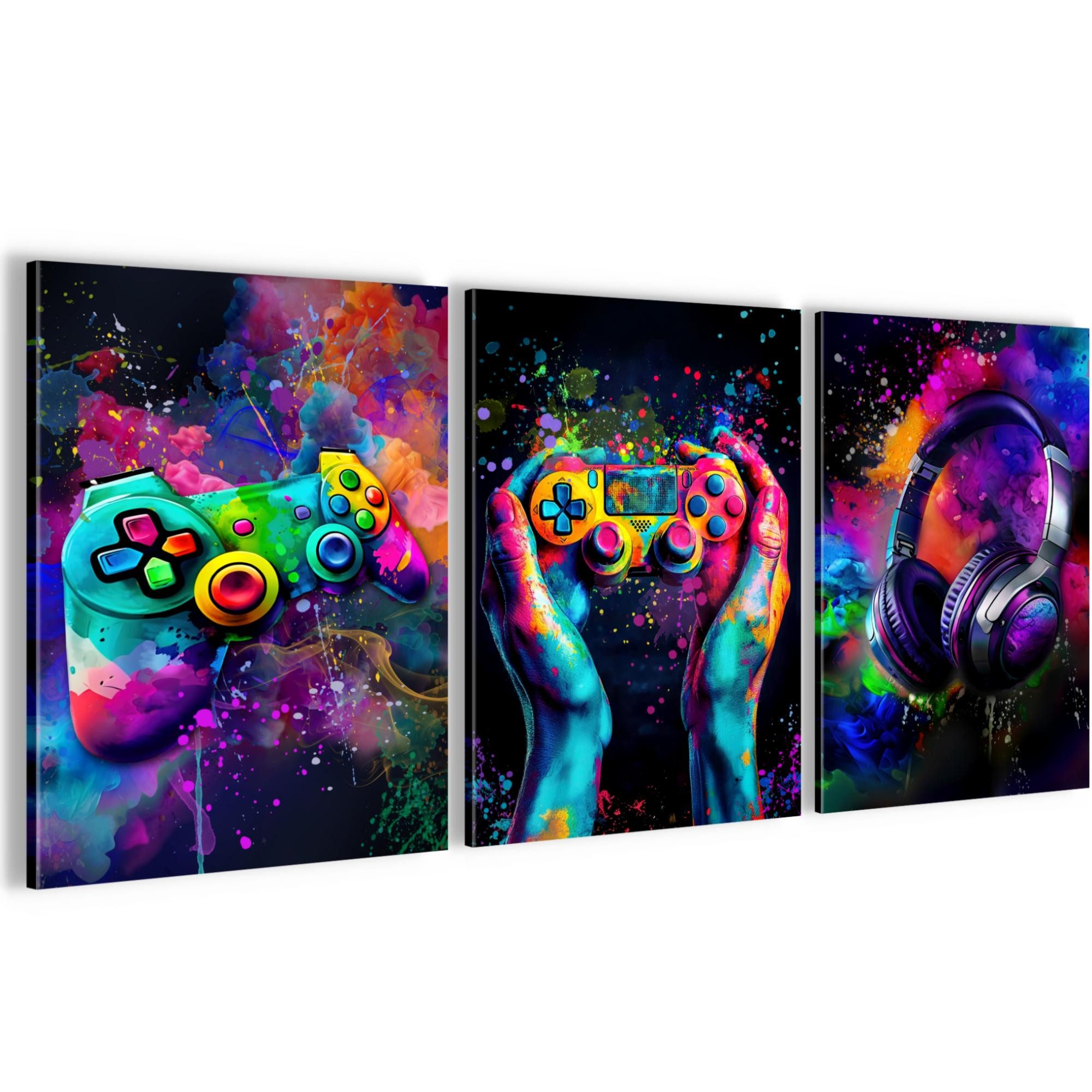Runa Art Wandbild Bilder Spielkonsole Gamer auf Vlies Leinwand Bunt Modern 0555, 30 x 40 cm - 3 Bilder