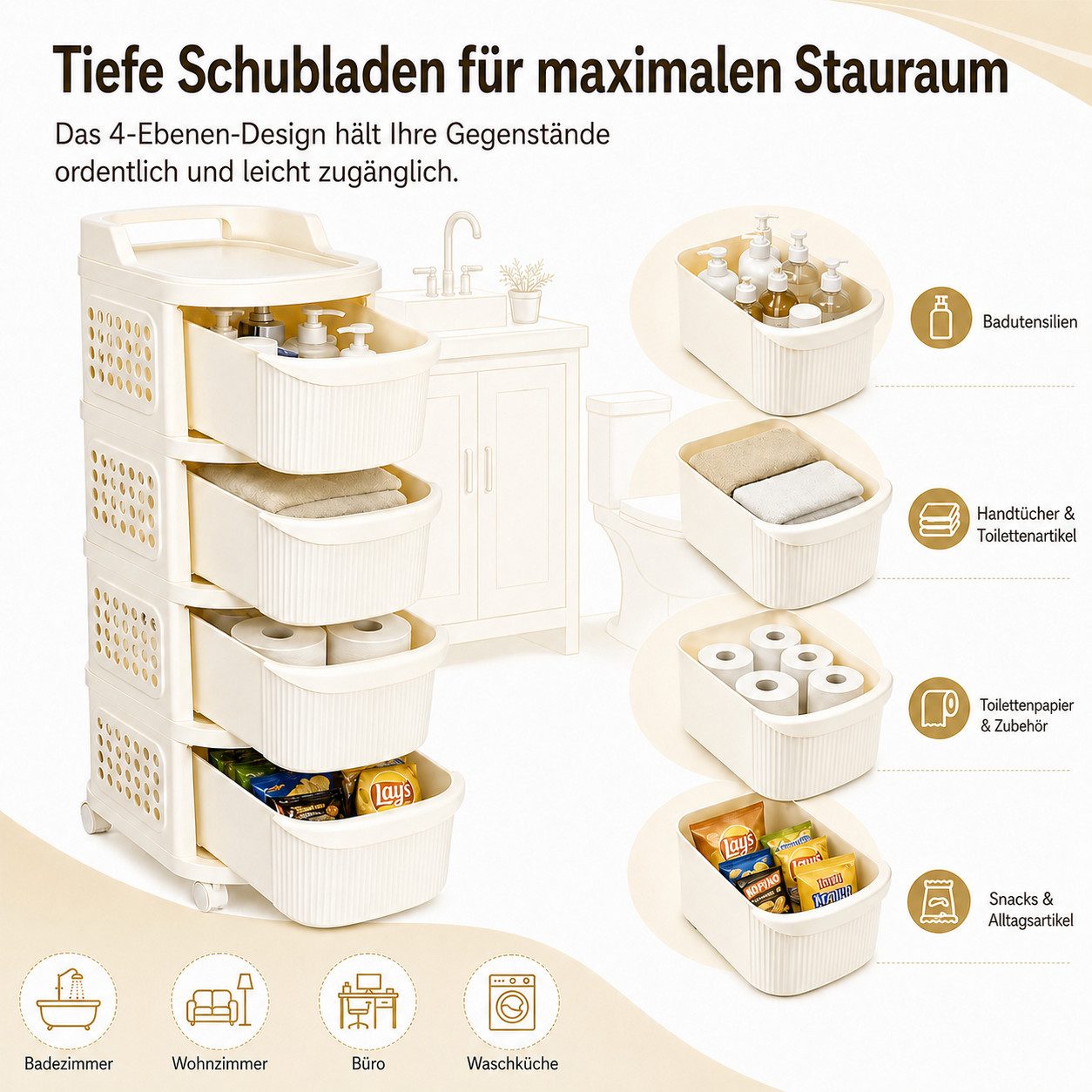 BlingBin Rollwagen Aufbewahrungswagen mit 4 Schubladen, Rollen und 6 Haken, (Rollwagen mit Schubladen und Lochplatte, 1 St., 1tlg), Badrollwagen platzsparend, Rollwagen für Badezimmer, Küche