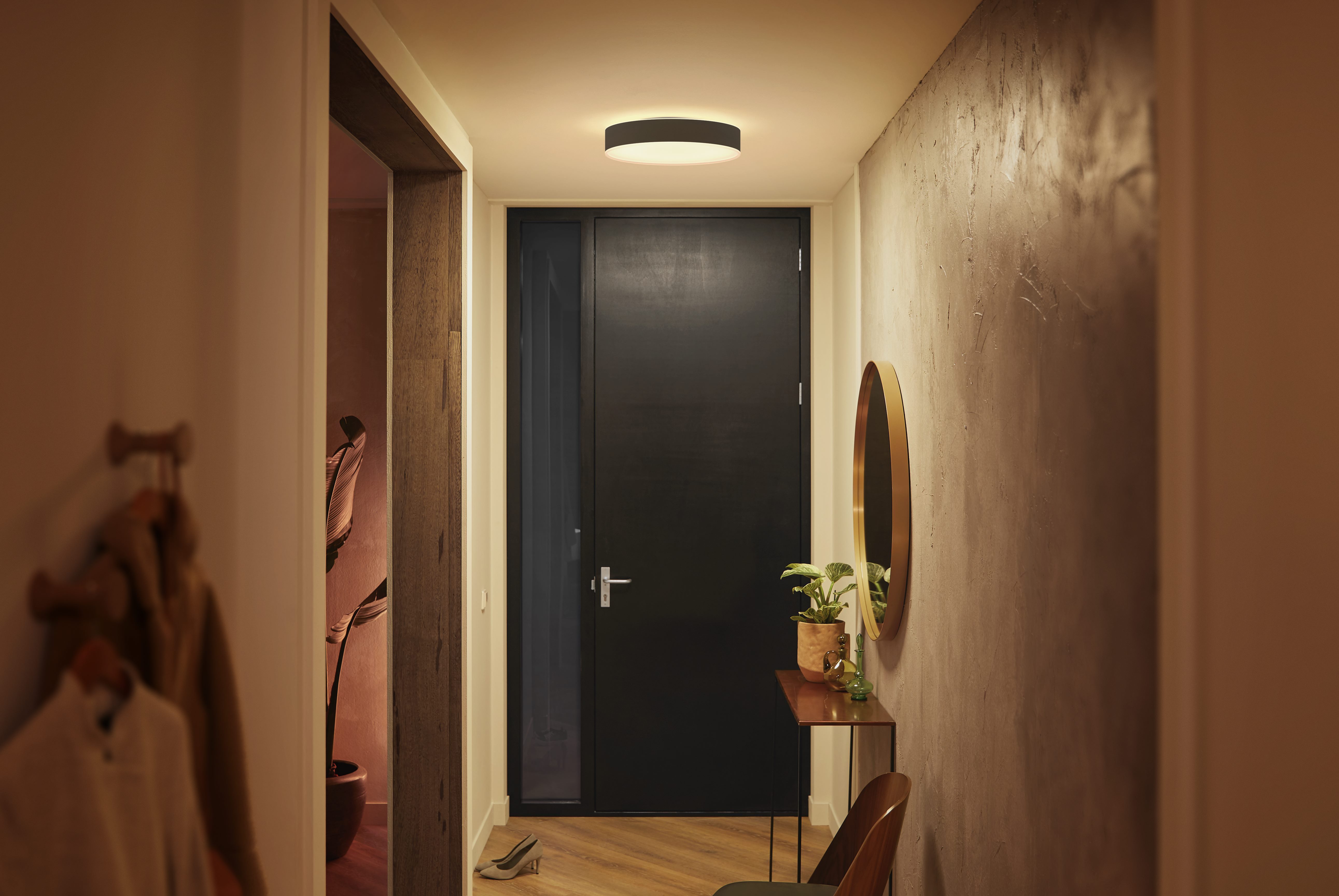 Philips Hue Smarte LED-Leuchte White Ambiance Enrave Deckenleuchte M schwarz, Abschaltautomatik, Bluetooth, CCT - über Fernbedienung, Dimmer, Dimmfunktion, Farbsteuerung, Fernbedienung, Infrarot inkl., Leuchtdauer einstellbar, Memoryfunktion, Nachtlichtfunktion, Smart Home, Timerfunktion, dimmbar über Fernbedienung, erweiterbar, mehrere Helligkeitsstufen, LED wechselbar, warmweiß - kaltweiß, inkl. Philips Hue Dimmschalter