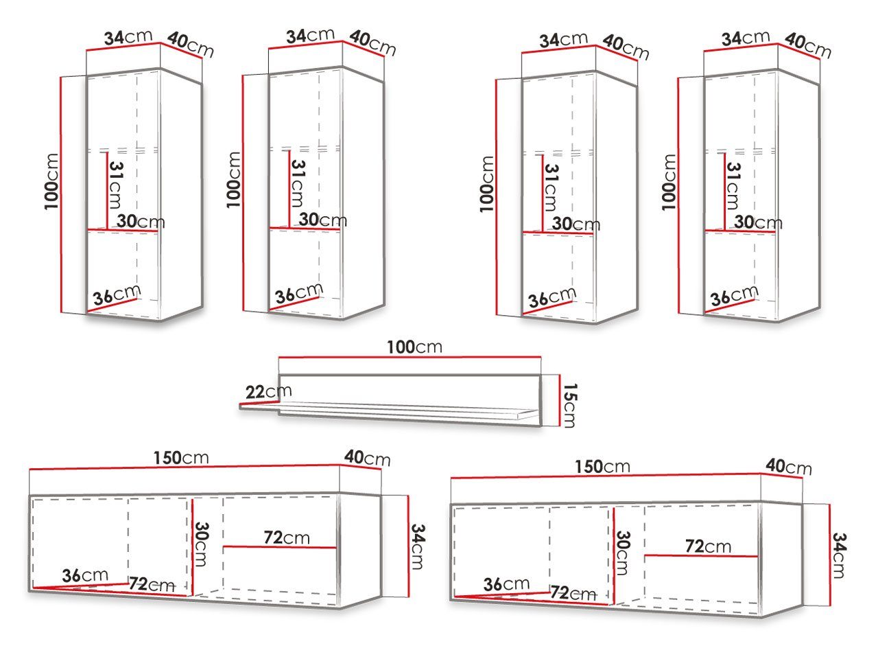 Waldi TV-Lowboard, MIRJAN24 Wandregal), Hängeschrank, 2x Öffnungssystem Griffloses I 4, (7er-Set, 4x Slim Wohnwand Weiß