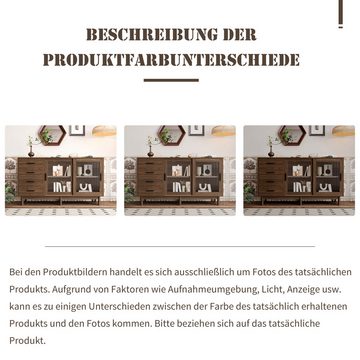 OKWISH Sideboard Aufbewahrungsschrank Kommode (4 Schubladen, 2 Glastüren), aus Spanplatte mit Glasvitrine, 140*40*75.8 cm