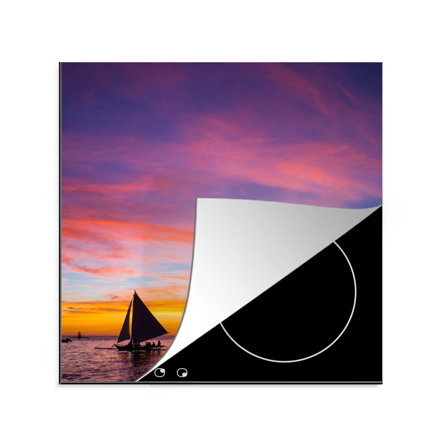 MuchoWow Herdblende-/Abdeckplatte Sonnenuntergang mit Segelbooten am Strand von Boracay, Vinyl, (1 tlg), 78x78 cm, Ceranfeldabdeckung, Arbeitsplatte für küche