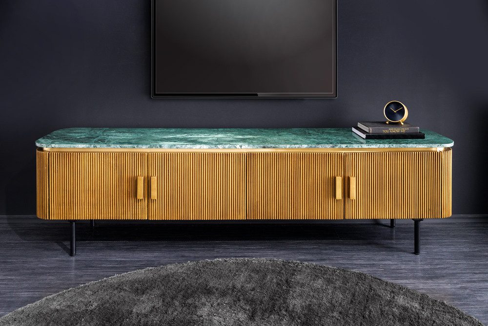 riess-ambiente TV-Board VENEZIANO 160cm messing / grün · Mangoholz-Lowboard mit Marmorplatte (Einzelartikel, 1 St), Retro-Design · Massivholz · Soft Close · Stauraum · grüner Marmor