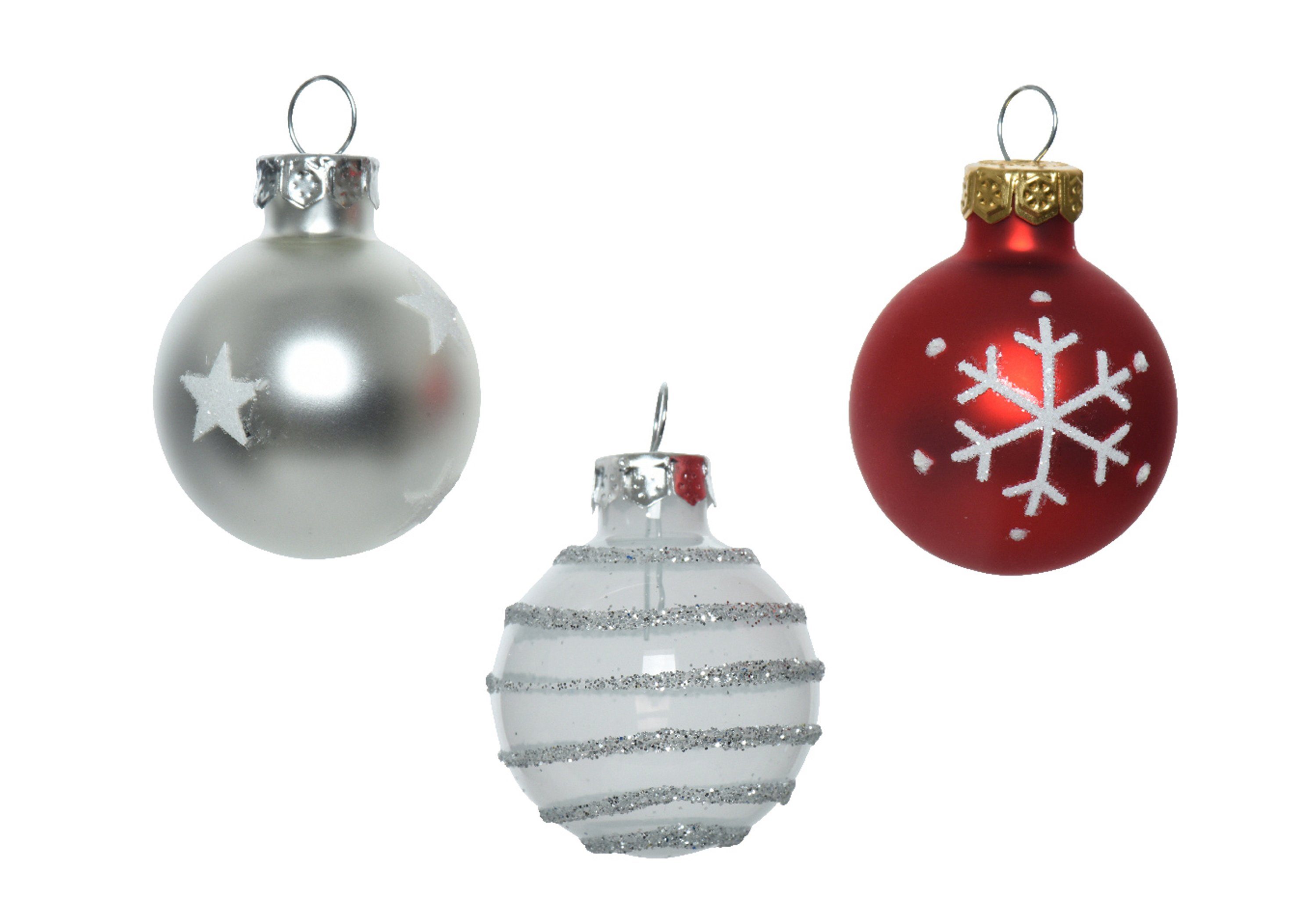 Decoris season decorations Christbaumschmuck, Weihnachtskugeln Glas mit Motiven 3cm silber / rot Mix, 9er Set | Dekohänger