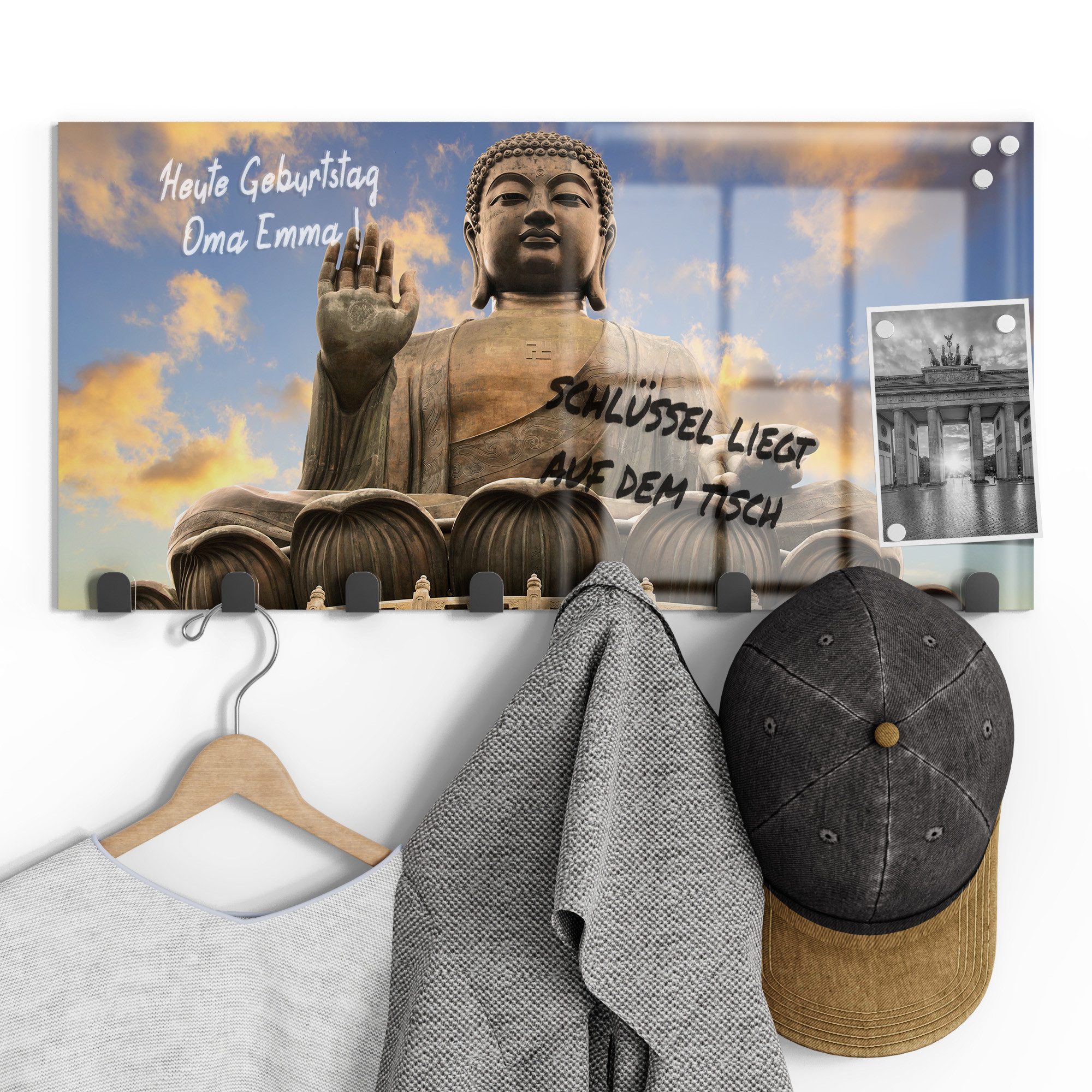 DEQORI Kleiderhaken 'Buddha über Hongkong', Glas Garderobe Paneel magnetisch beschreibbar