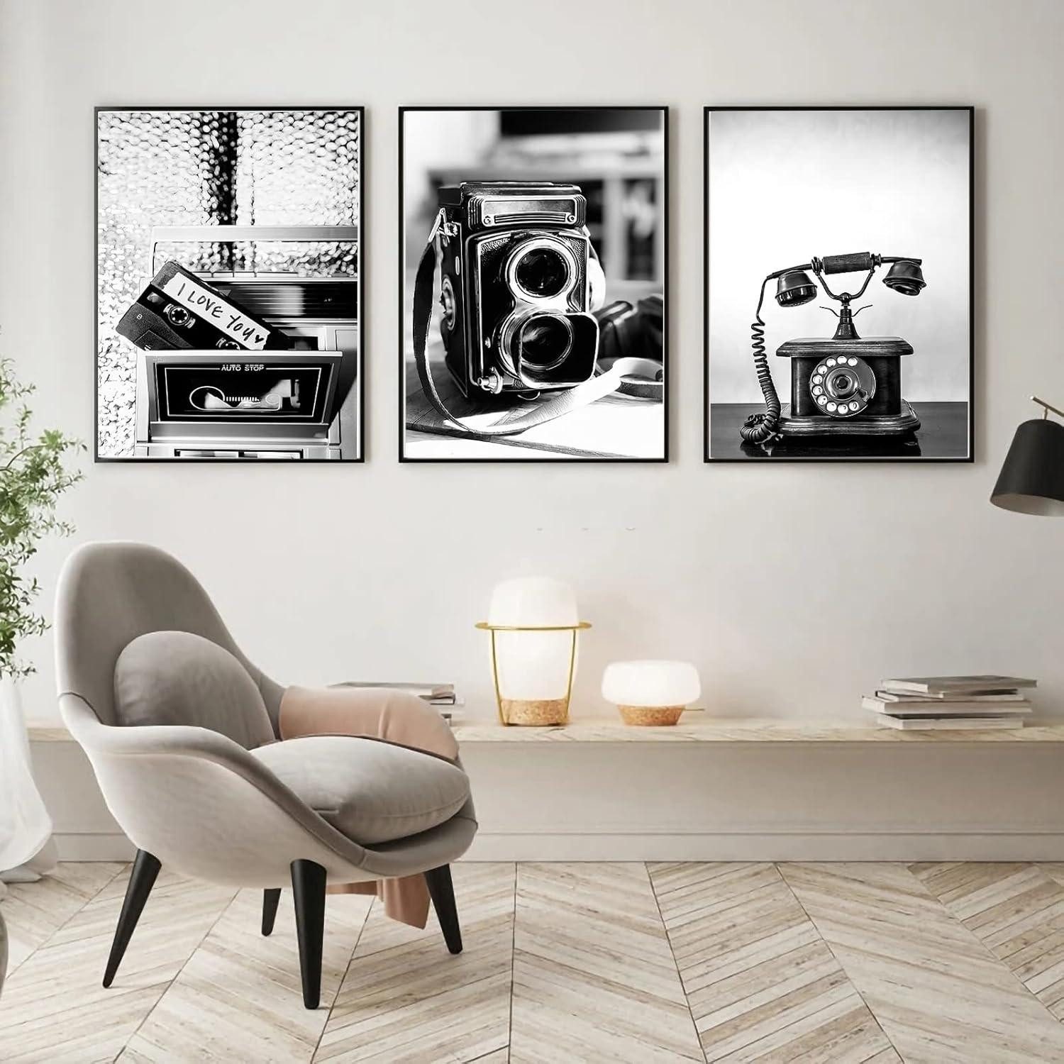 Poster 3er Poster Set Schwarz Weiß Vintage Kameras Telefone Wandbilder