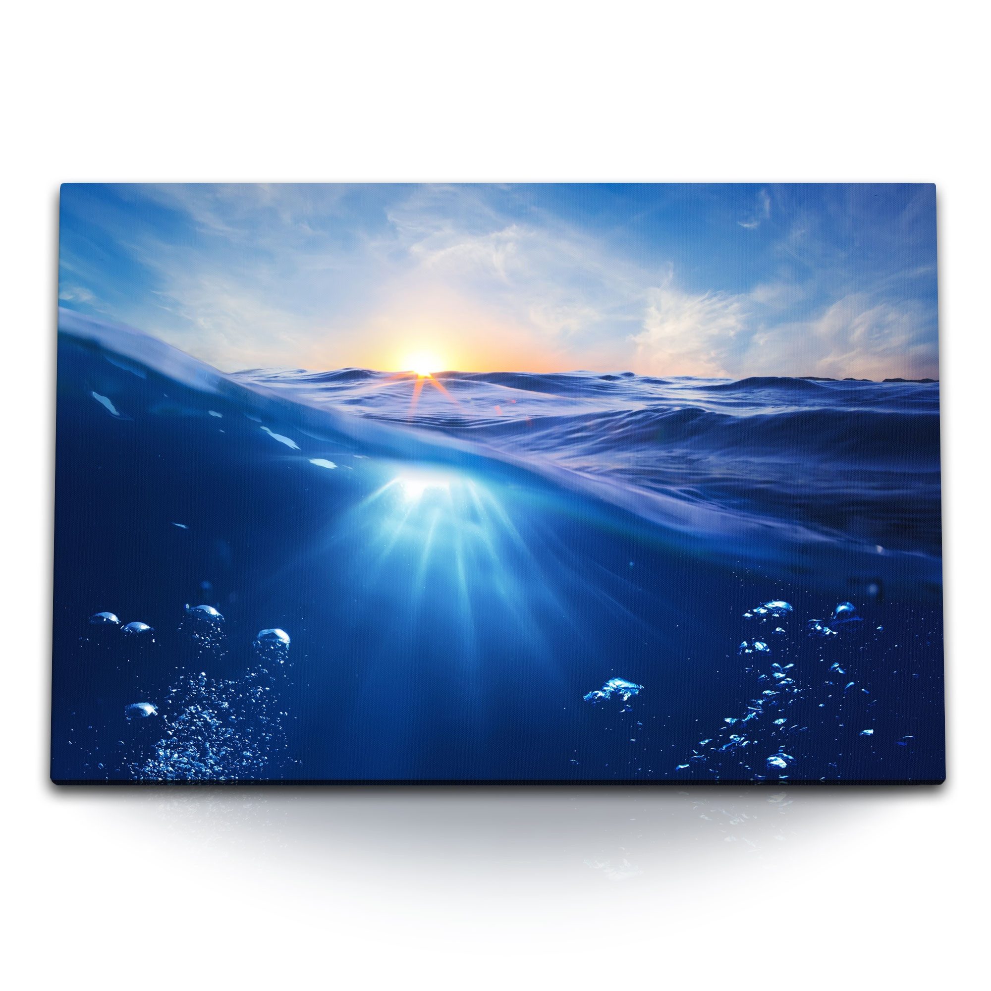 Sinus Art Leinwandbild 120x80cm Wandbild auf Leinwand Wasser Meer Ozean Blau Sonnenuntergang, (1 St)