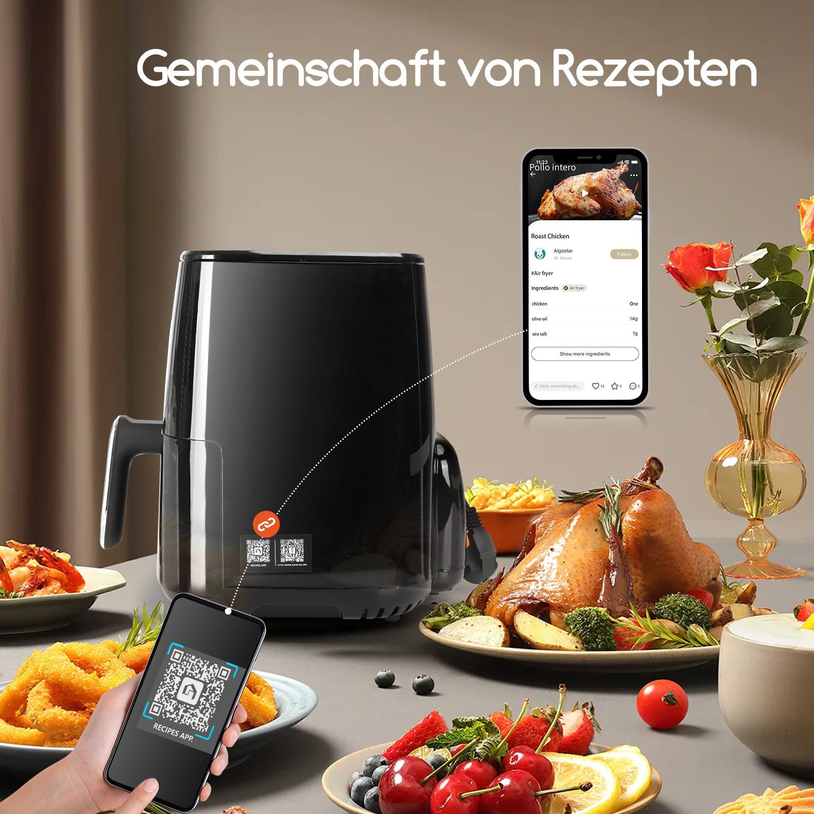 Aigostar Heißluftfritteuse 4.2L, 8 Menüoptionent, 50-200 °C Temperaturauswahl, 1-60 Mins Zeiteinstellung, ohne Öl, BPA-frei, 1400,00 W, LED-Touchscreen, Rezept-Community, Kabelauffangschlitz