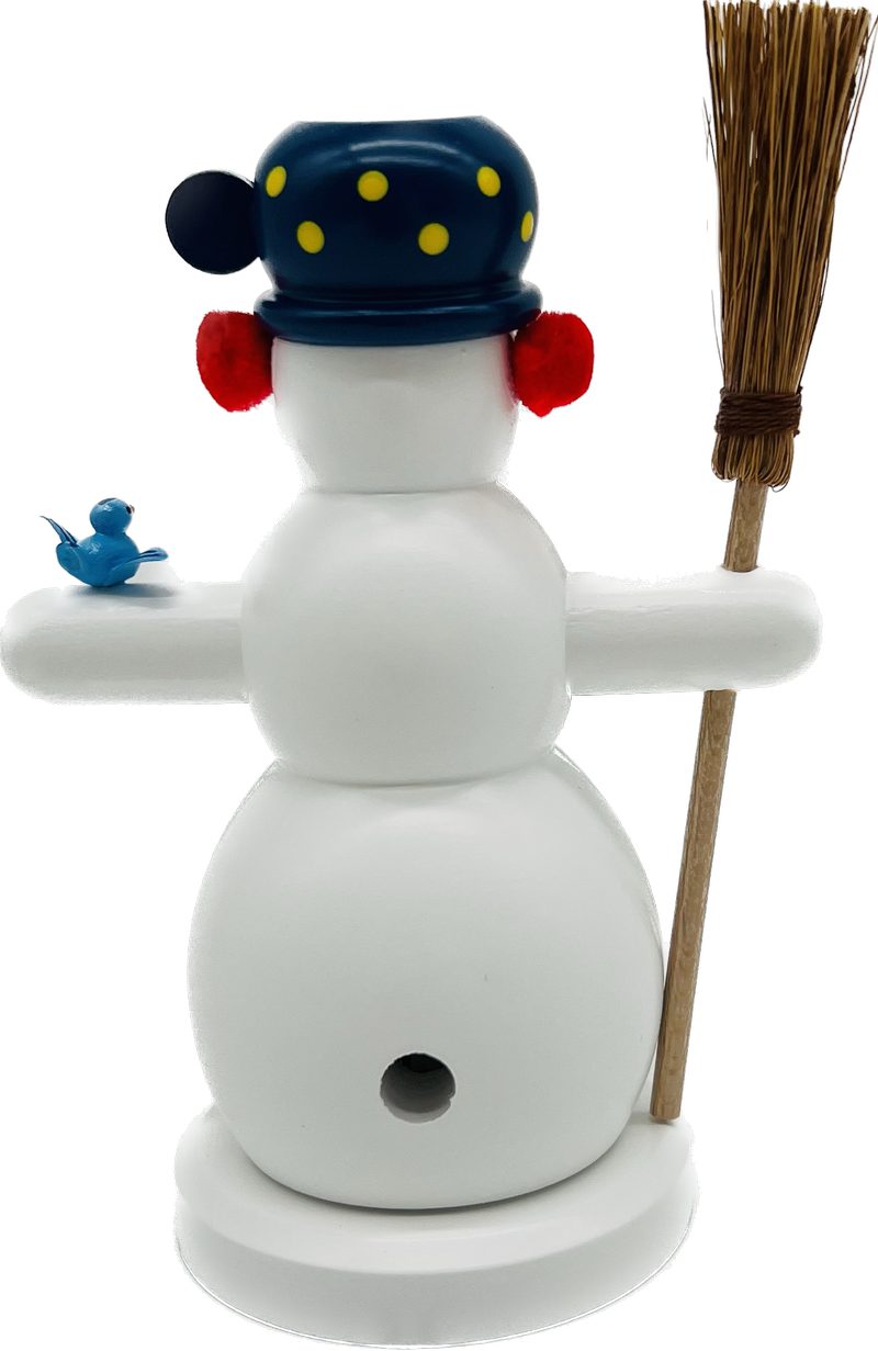 Richard Glaesser Räuchermännchen Schneemann mit Besen und Vogel, Höhe 15cm, Handwerkskunst original Erzgebirge