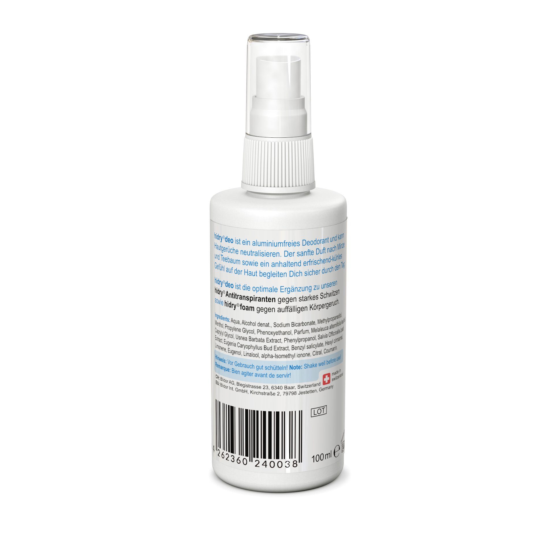 hidry Deo-Spray hidry® Deo alu-free 100 ml, geruchsneutralisierend, kühlend, aluminiumfrei