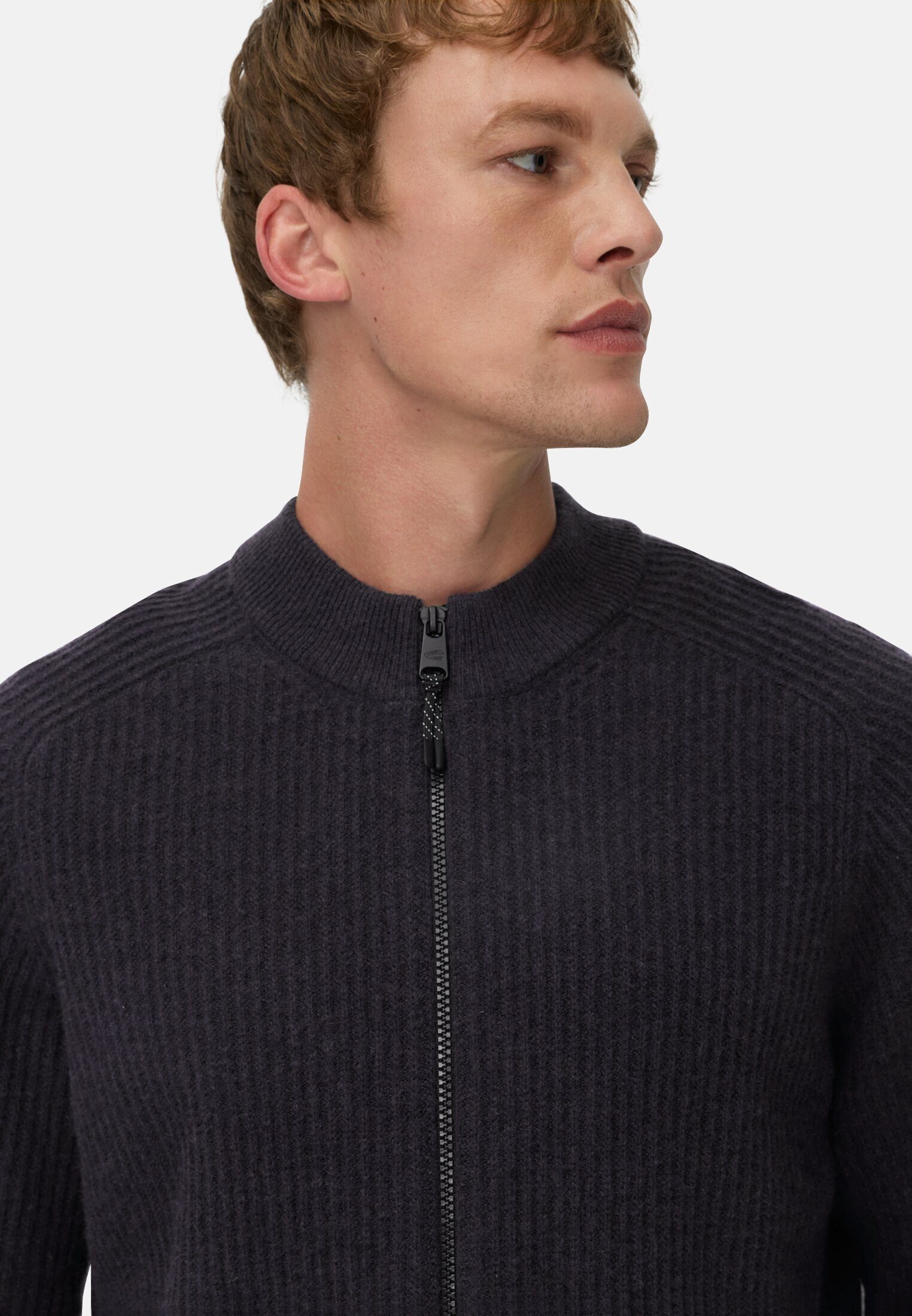 camel active Strickjacke aus reiner Lammwolle Langarm Stehkragen