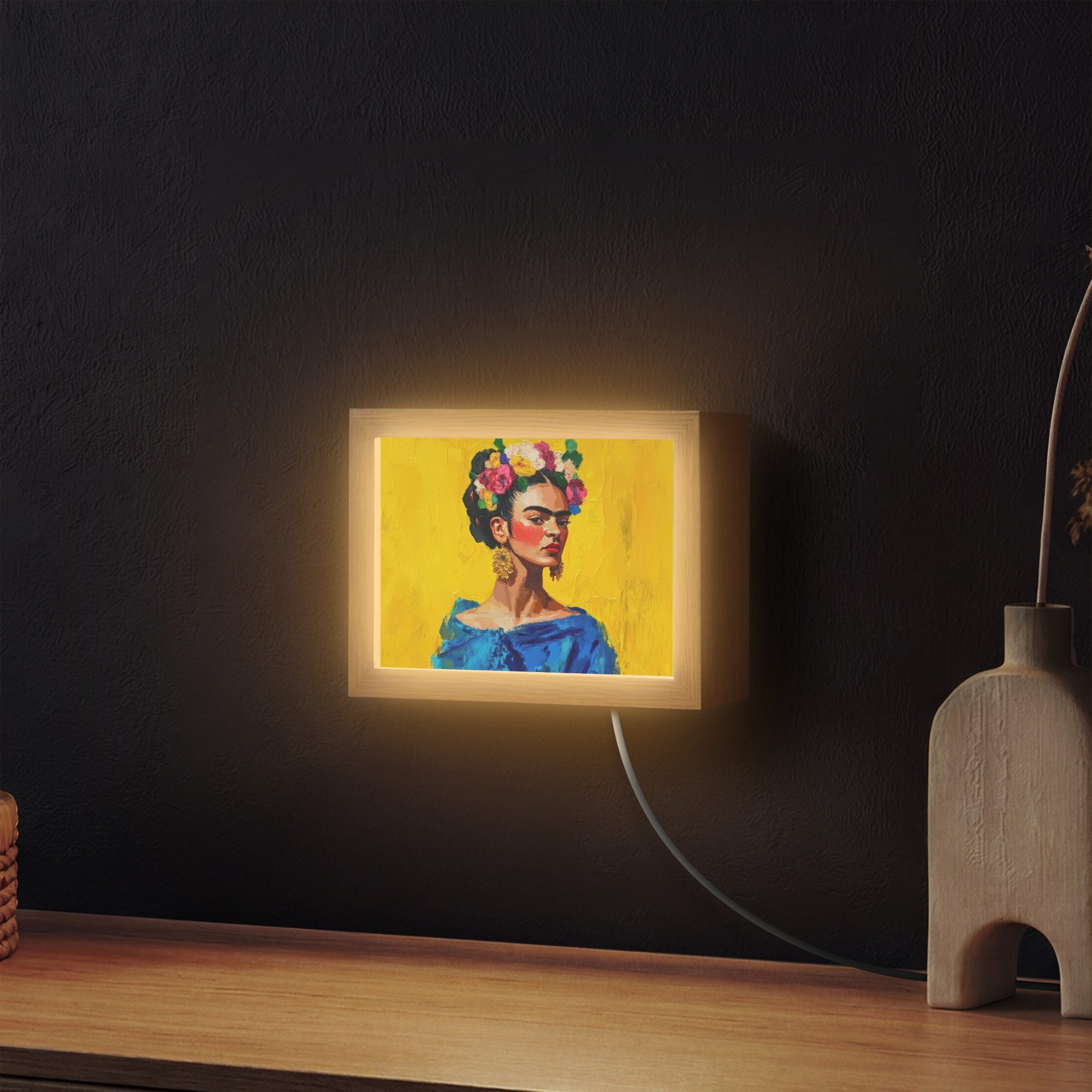 OnlyWow Wandleuchte Lightbox Frida Kahlo - Frau - Gelb - Blau - Blumen, Dimmbar, Farbwechsel, LED, Warmweiß, Kaltweiß, Neutralweiß Einstellbar, Wandlampe Innen, – Bild 2 von 5