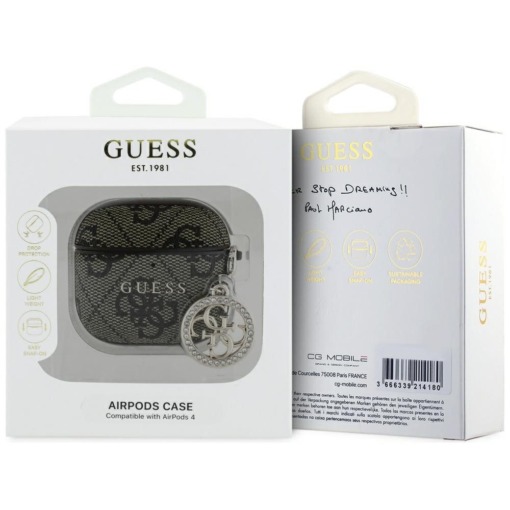 Guess Kopfhörer-Schutzhülle Case AirPods 4 Kunstleder braun Logo Metal Kette Strass goldfarbig, Kantenschutz – Bild 3 von 3