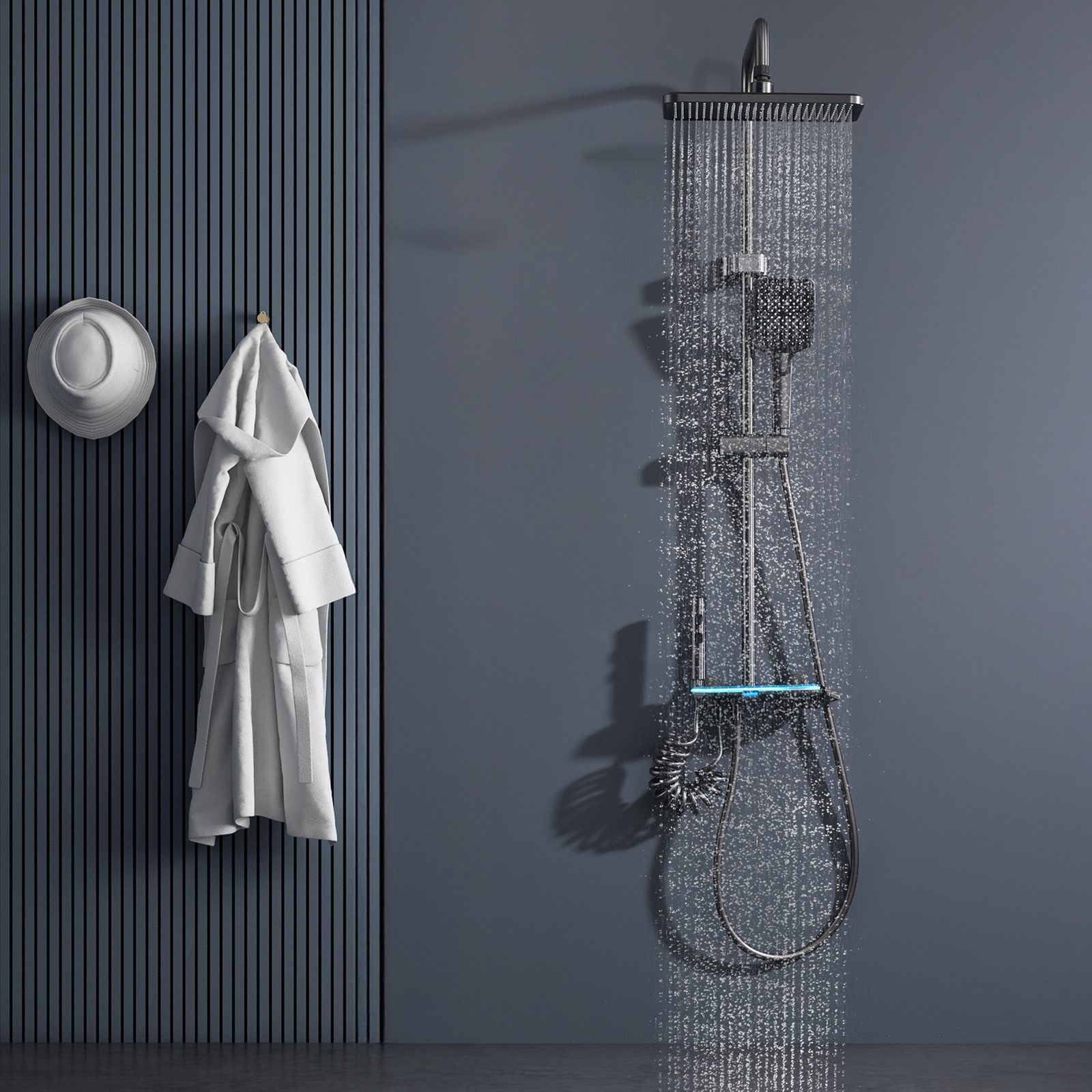HOMELODY Duschsystem Gunmetal Regendusche LED Messing Wasserfall, 4 Strahlart(en), Warm & Kalt, 3-Funktionsbrause mit Spritzpistole