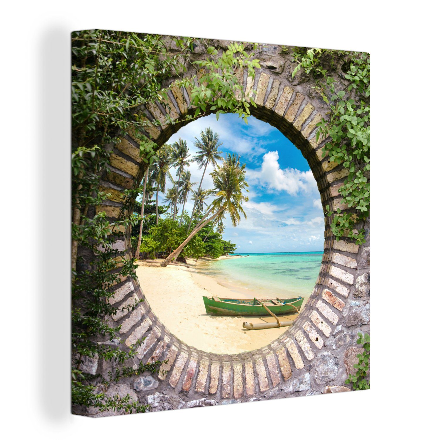 OneMillionCanvasses® Leinwandbild Strand - Palme - Aussicht - Kanu, (1 St), Leinwand Bilder für Wohnzimmer Schlafzimmer