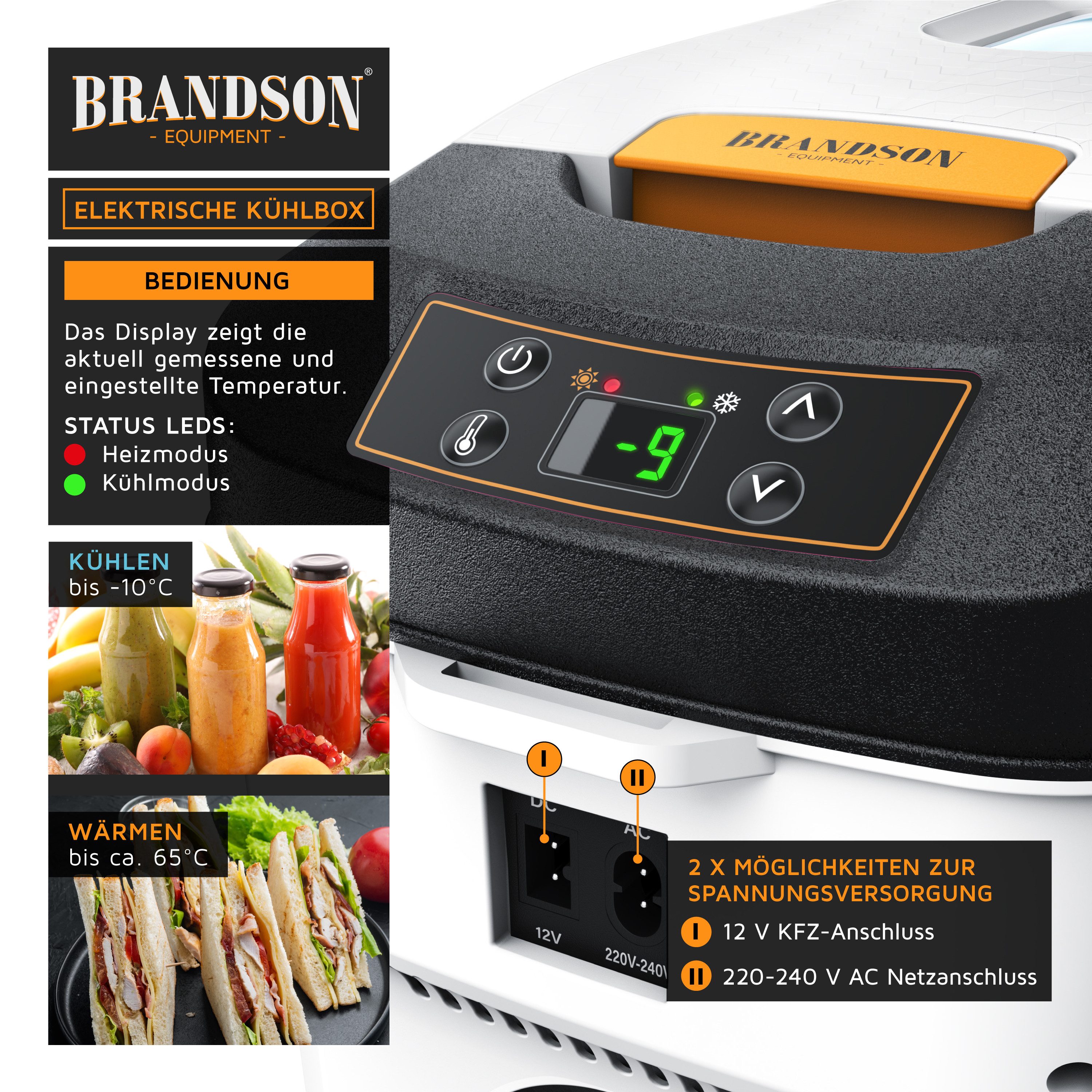 Brandson Elektrische Kühlbox 10 L,  Sichtfensterdeckel, Kühlt & hält Warm, von bis zu -10 bis +65°C, 10 l, 230 V Netzspannung &12 V KFZ Auto Bordspannung, Kühlbox elektrisch
