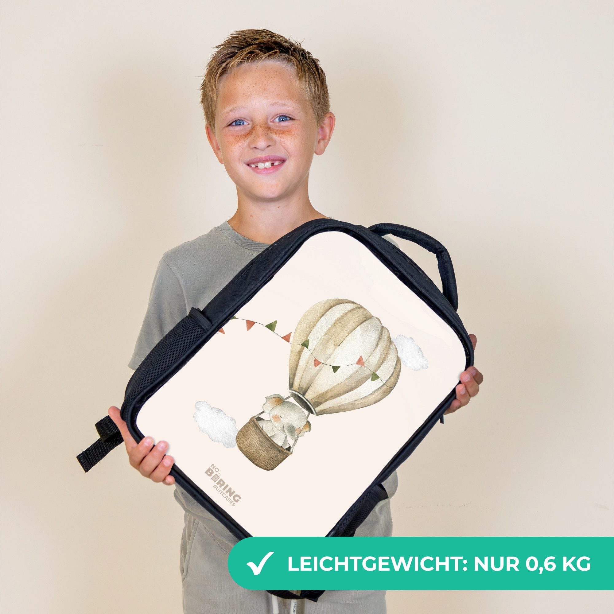 NoBoringSuitcases.com© Rucksack Elefant im Heißluftballon, Kinderrucksack Schwarz, Schulrucksack, Freizeitrucksack Jungen Mädchen