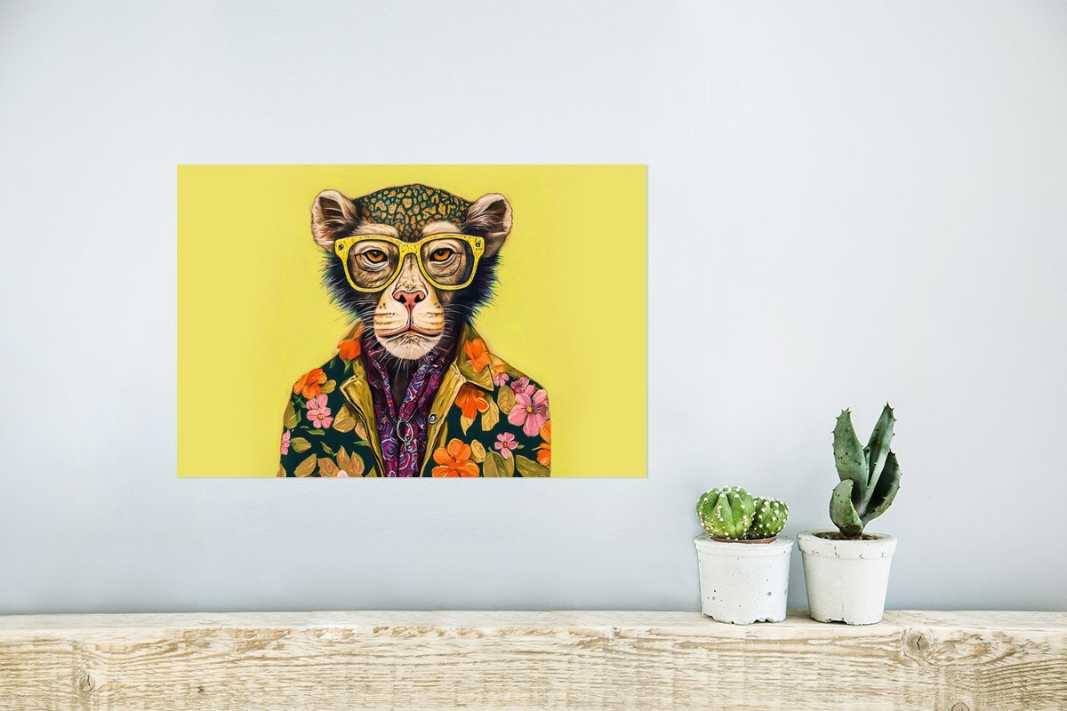 Wandbild, Design - (1 Poster, Wohnzimmer, Tiere Brillen Ohne - MuchoWow Poster Wandposter St), Rahmen - Blumen, - für Affe
