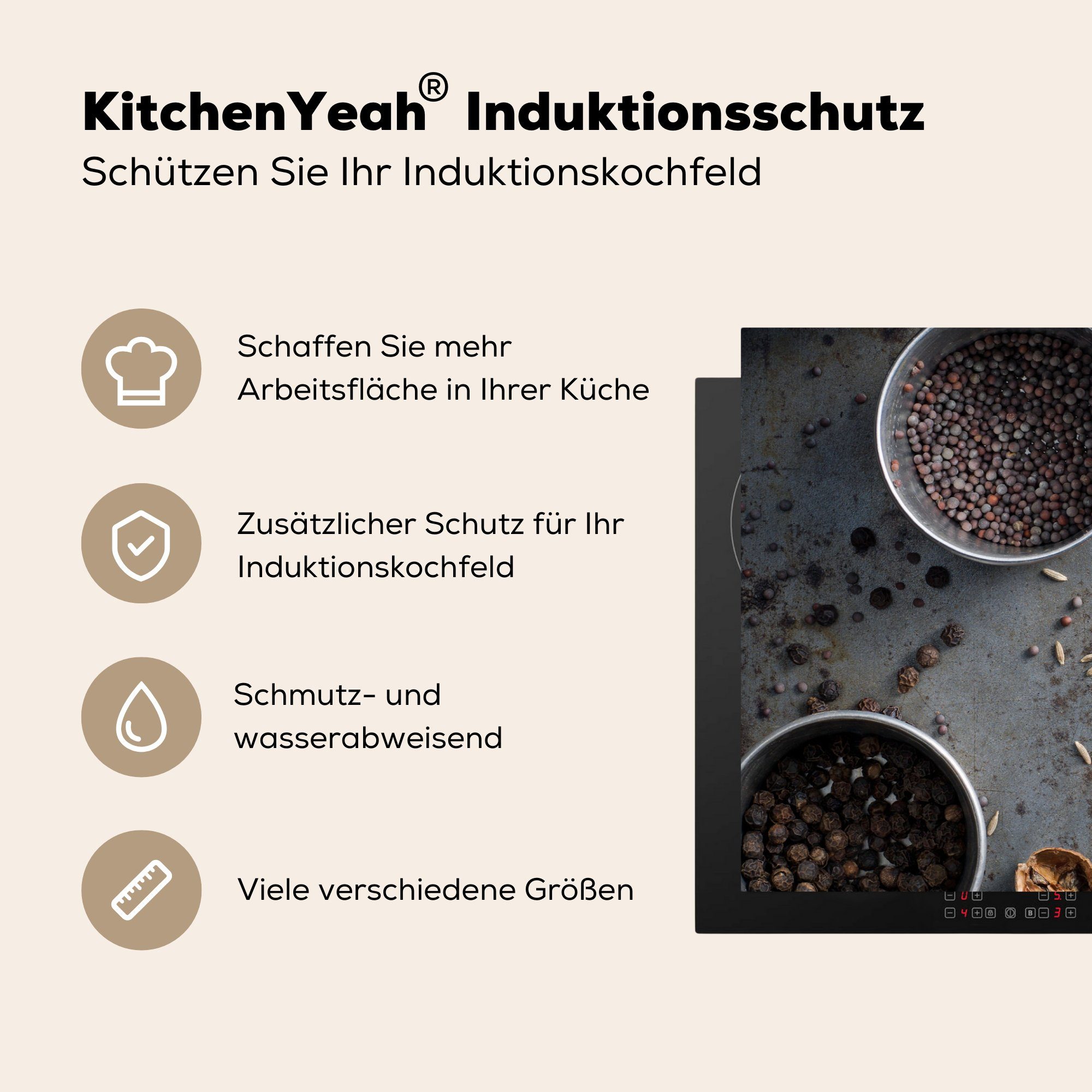 MuchoWow Herdblende-/Abdeckplatte Kräuter tlg), 81x52 küche, die cm, für Induktionskochfeld Schutz Ceranfeldabdeckung (1 Vinyl, auf grauem Hintergrund