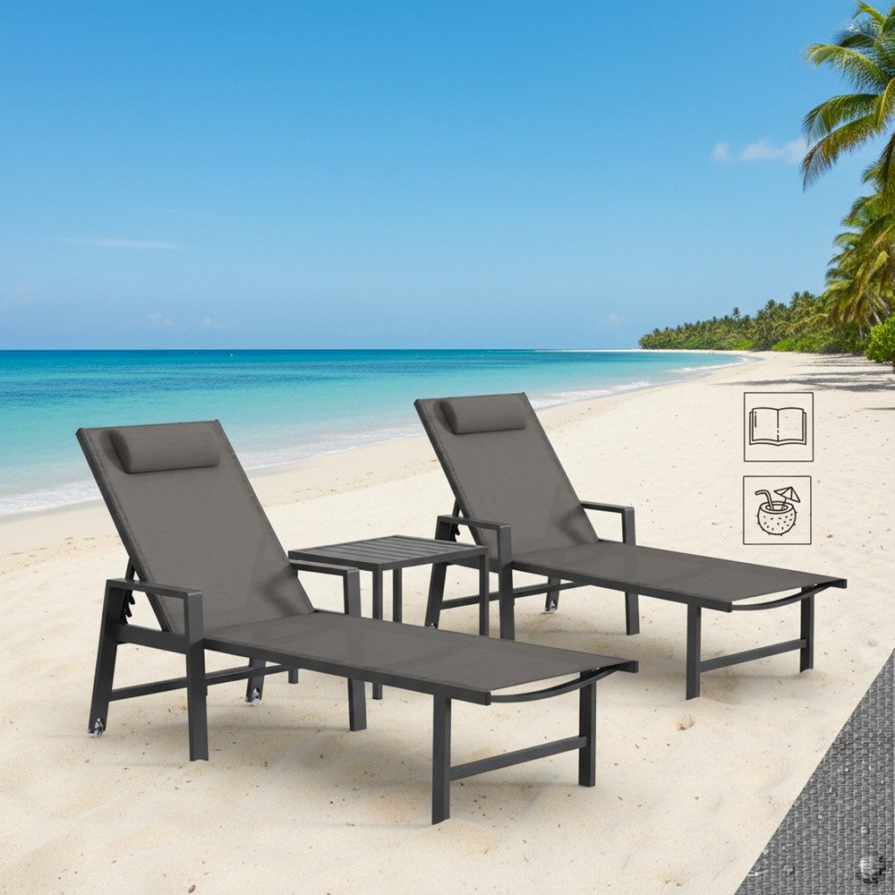 Mucola Gartenliege Aluminium Gartenmöbel 2x Sonnenliege Beistelltisch Relaxliege Tisch, Relax-Set, 3 St., 2x Liege, 1x Tisch, wetterfest