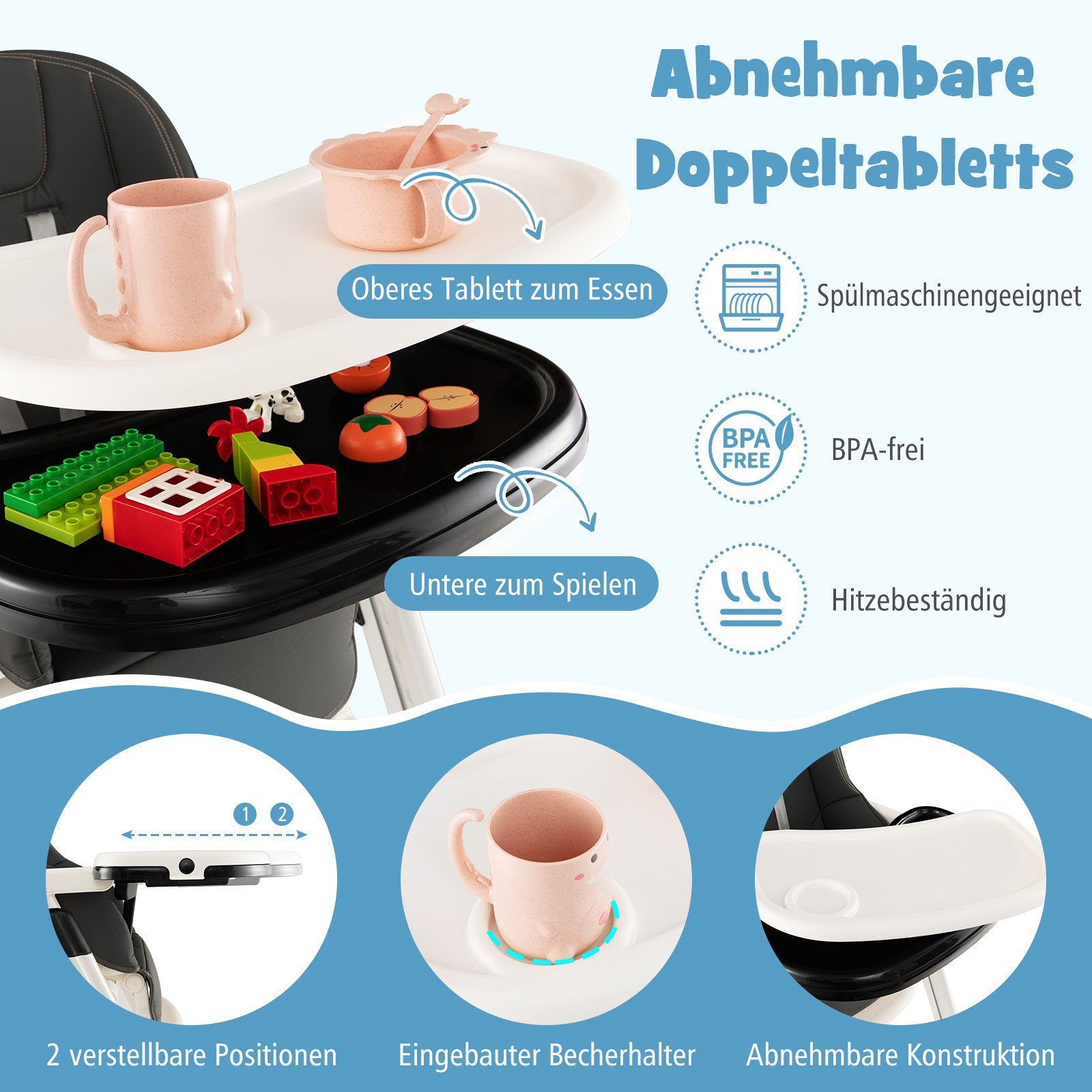 COSTWAY high chair, foldable, with adjustable backrest & removable trays