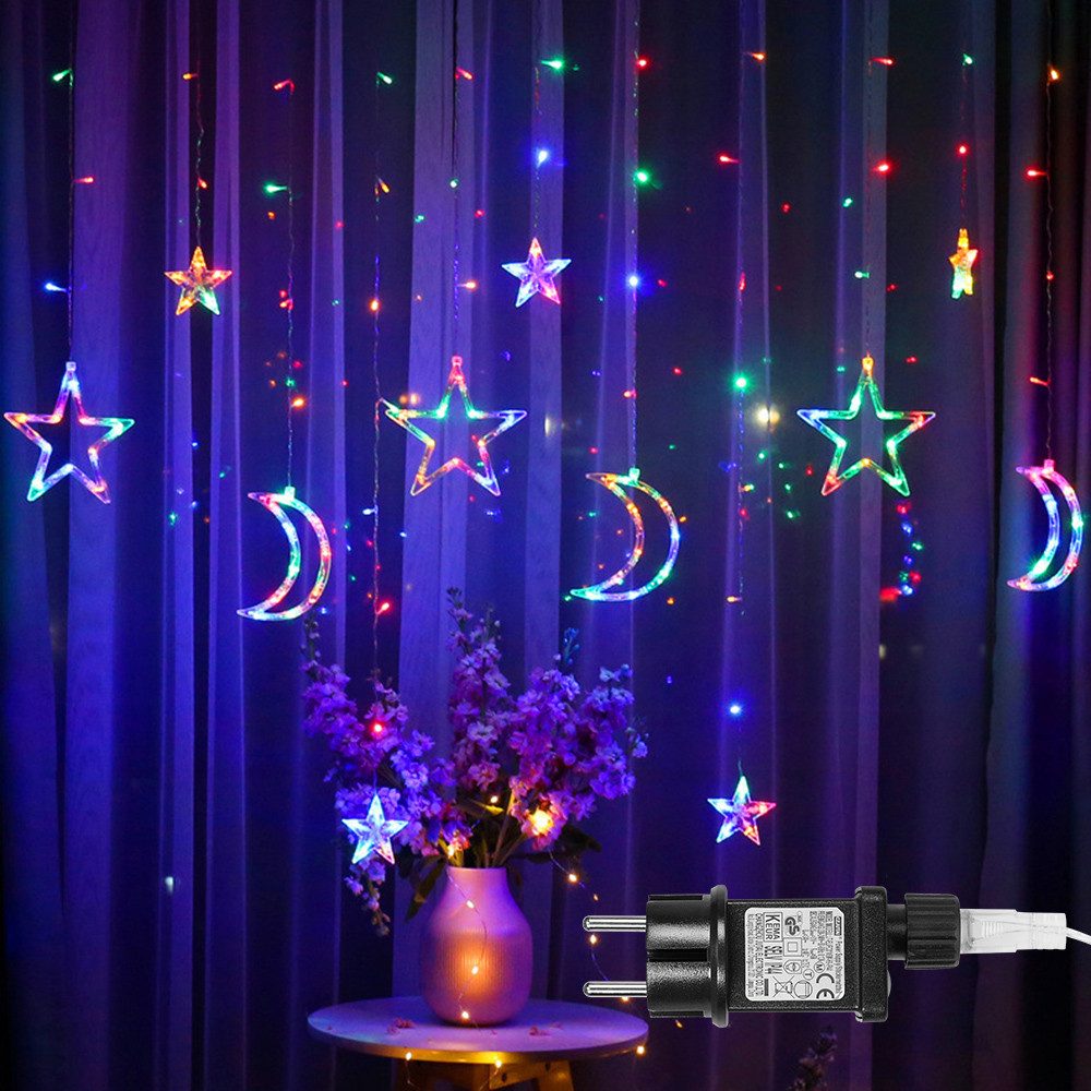 Sunicol Lichterkette Sterne Mond LED Lichtervorhang mit Stecker, 8 Modi, Timer, 3.5M, Speicherfunktion, für Weihnachten Hochzeit Party