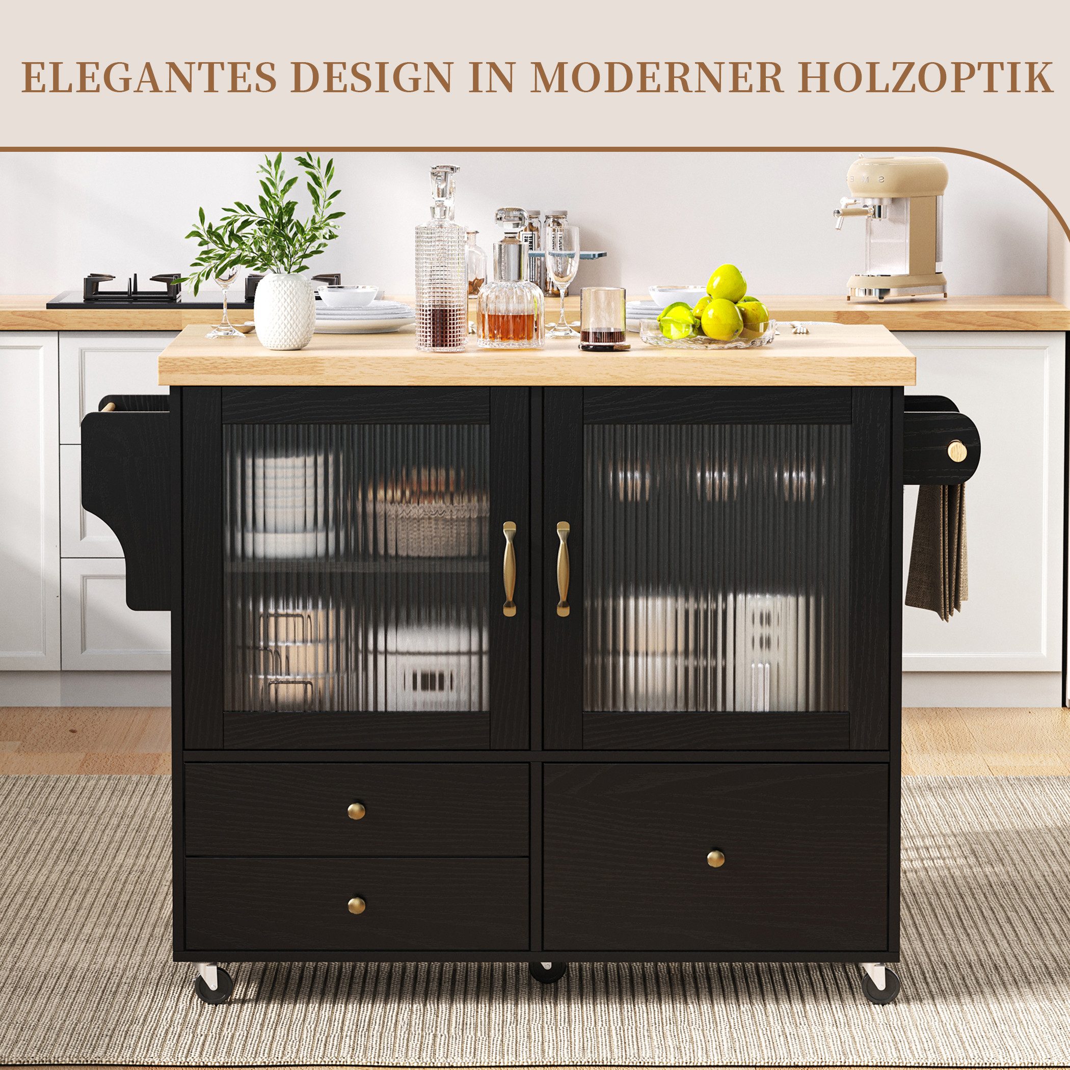 SeedWave Kücheninsel Vielseitiger Rollenwagen mit Klappbarer Tischplatte, 2 Mattglastüren, Servierwagen inkl. Weinglashalter, 3 Schubladen, verstellbare Fächer