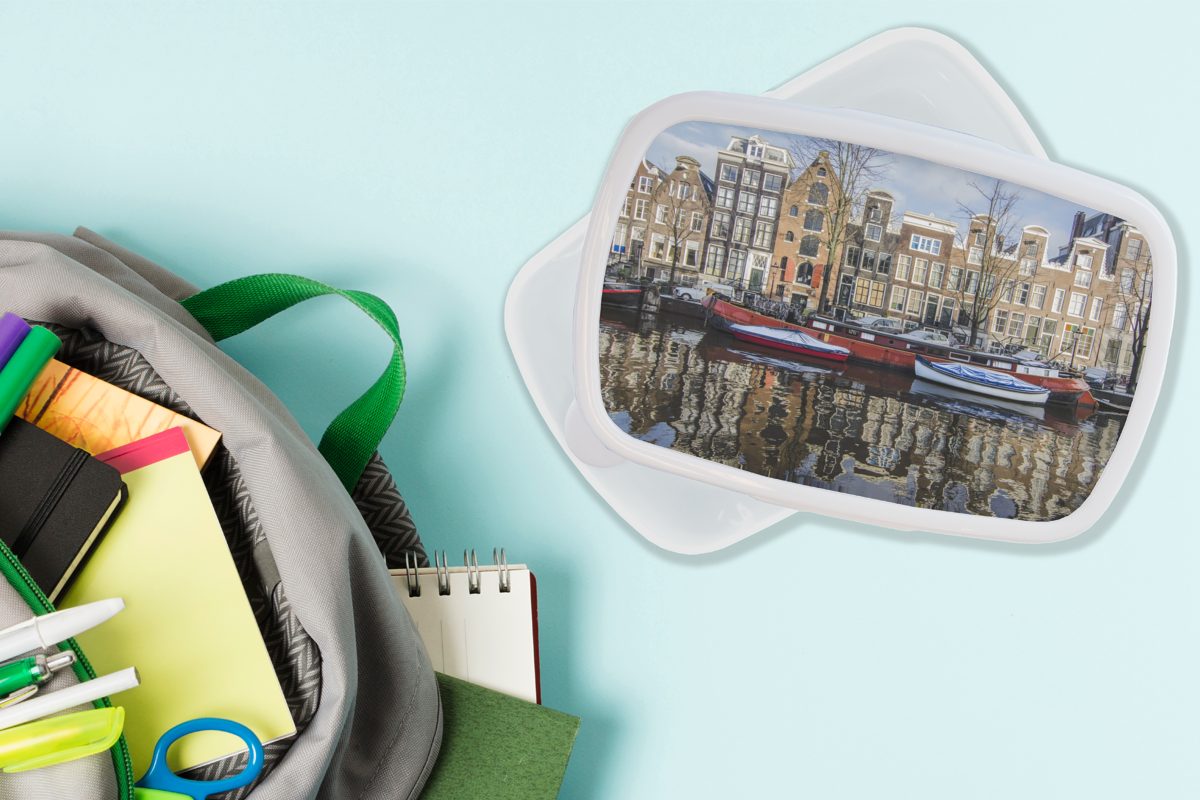 und für Brotbox Erwachsene, Lunchbox Ein Mädchen für in MuchoWow Jungs Gracht Amsterdam, Hausboot weiß und Brotdose, Kinder Kunststoff, rotes (2-tlg), von der