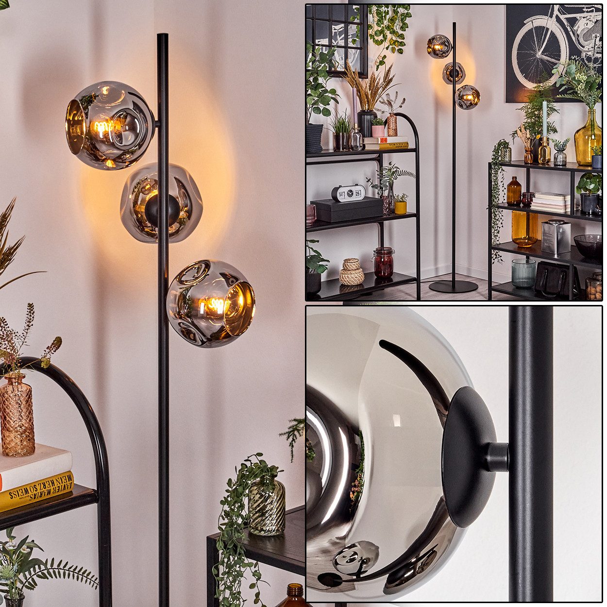 hofstein Stehlampe Stehlampe aus Metall/Glas in Schwarz/Chrom-/Rauchfarben m. Fußschalter, ohne Leuchtmittel, Stehleuchte im Retro/Vintage-Design mit Glasschirmen (15 cm), E14