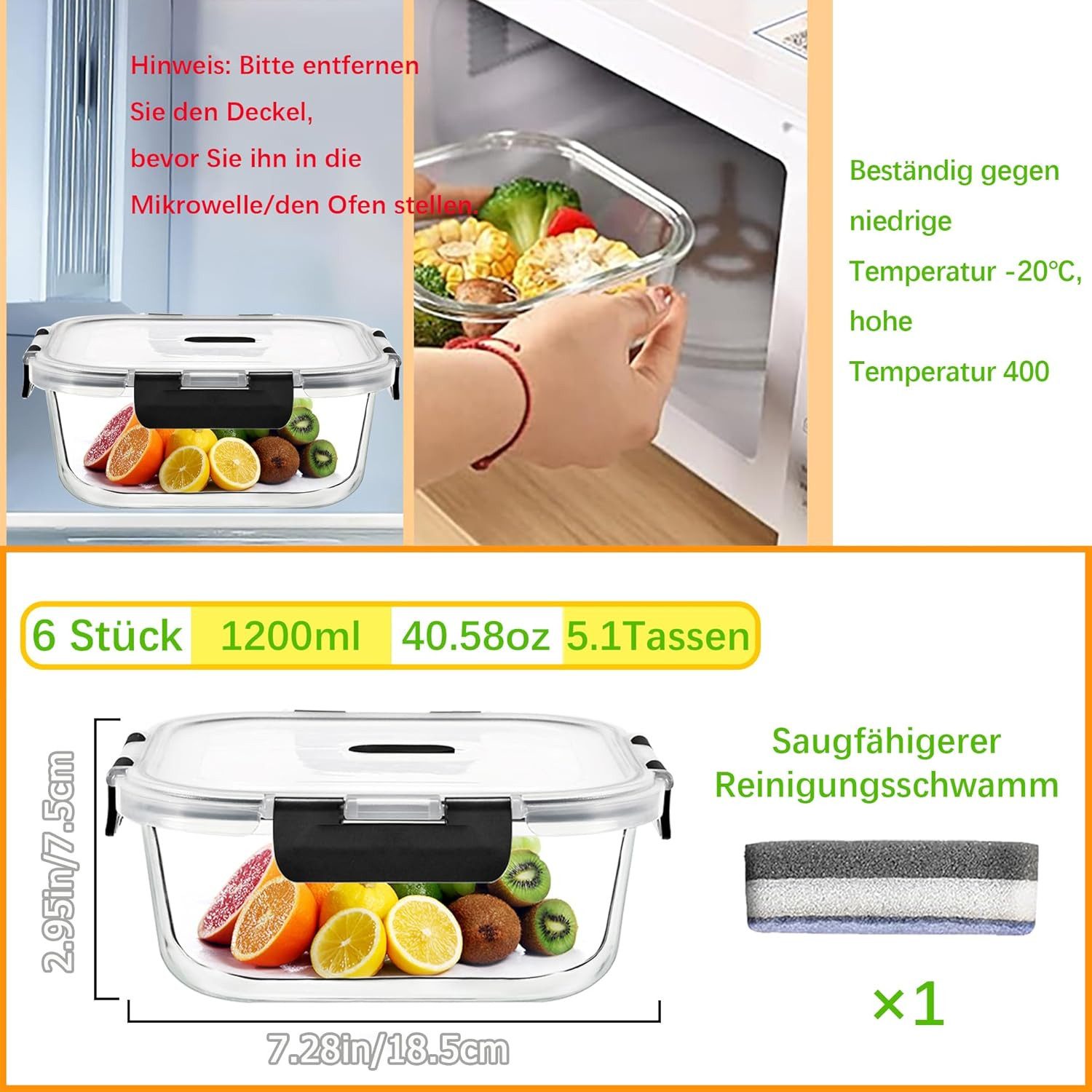 KingLux Frischhaltedose 6 Stück Vorratsdosen Glas mit Deckel 1200ml, Frischhaltedosen, Borosilikatglas, (6-tlg)