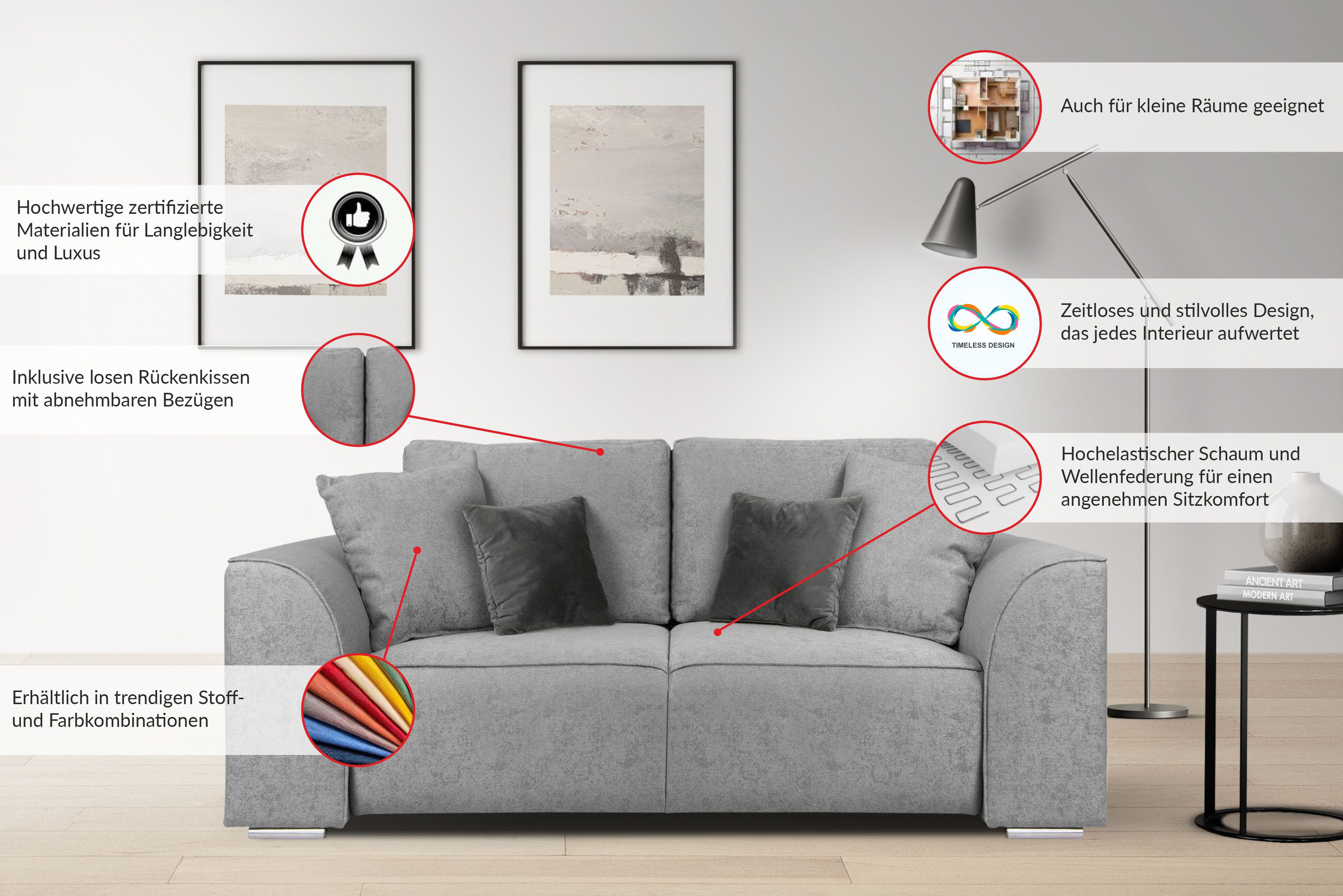 INOSIGN 2-Sitzer BEATRICE, erhältlich in trendigen Stoffoptionen, B/T/H: 143/73/92 cm, In hochwertiger Verarbeitung, incl. 2 großen Zierkissen in Korpusfarbe