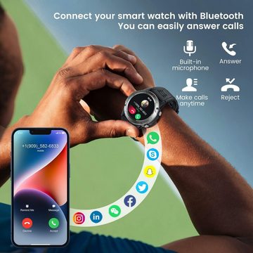 Motsfit Fur Herren mit Pulsuhr Schrittzähler Smartwatch (1,42 Zoll, Andriod iOS), mit Großes Display Telefonfunktion IP68 Wasserdicht Fitness Tracker