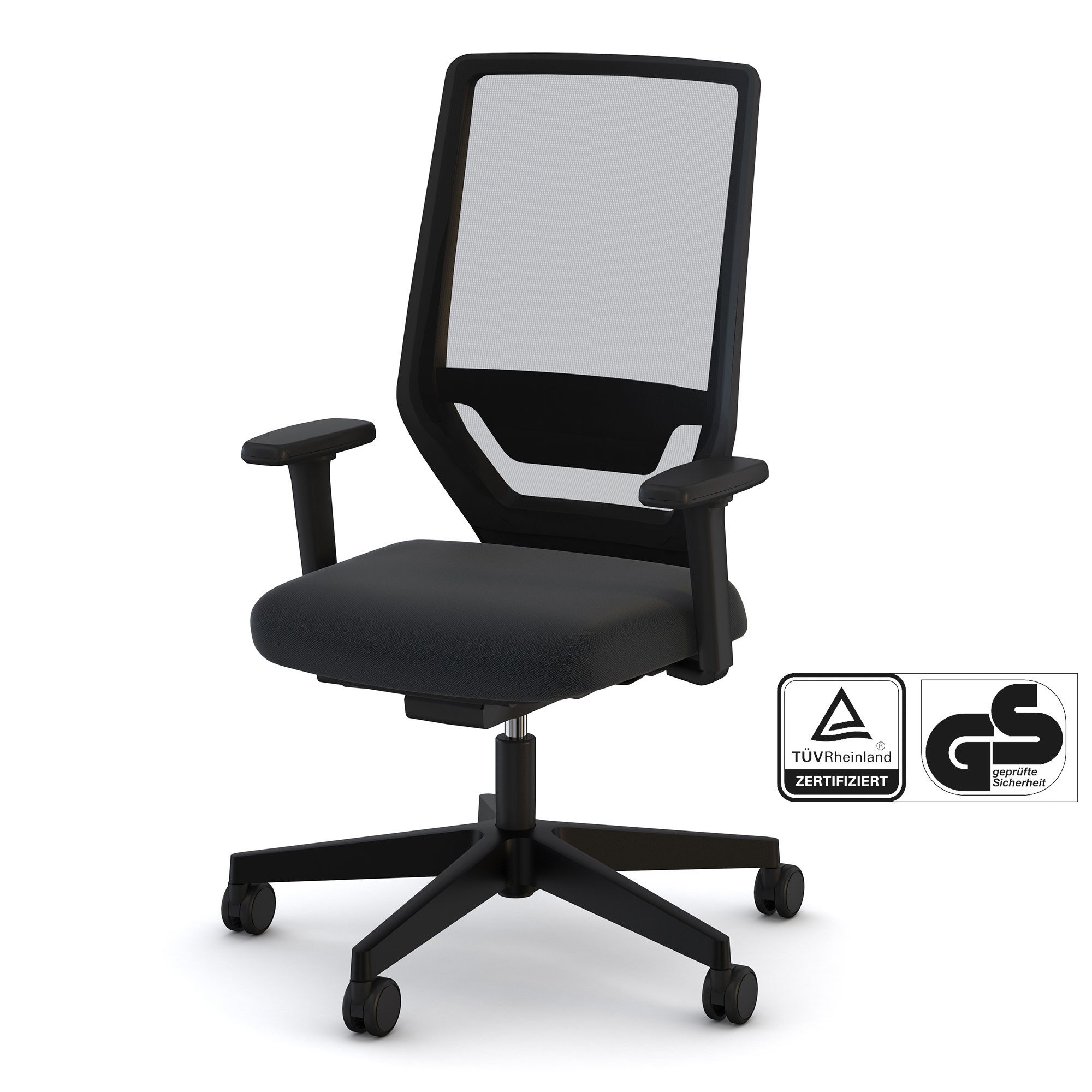 ASSMANN Büromöbel Bürostuhl Streamo (4D Armlehne in Höhe, Breite und Tiefe verstellbar sowie schwenkbar mit weicher PU-Auflage schwarz verstellbare Sitztiefe, höhenverstellbar, verstellbare Armlehnen, Belastbar bis 120kg, verstellbare Sitzneigung, verstellbare Rückenlehne, Lordosenstütze 5 Arm- Fußkreuz Netzrücken für Luftzirkulation Ergonomisch gepolstert Verstellbar: 420 - 510 mm, fertig montiert), TÜV-zertifiziert