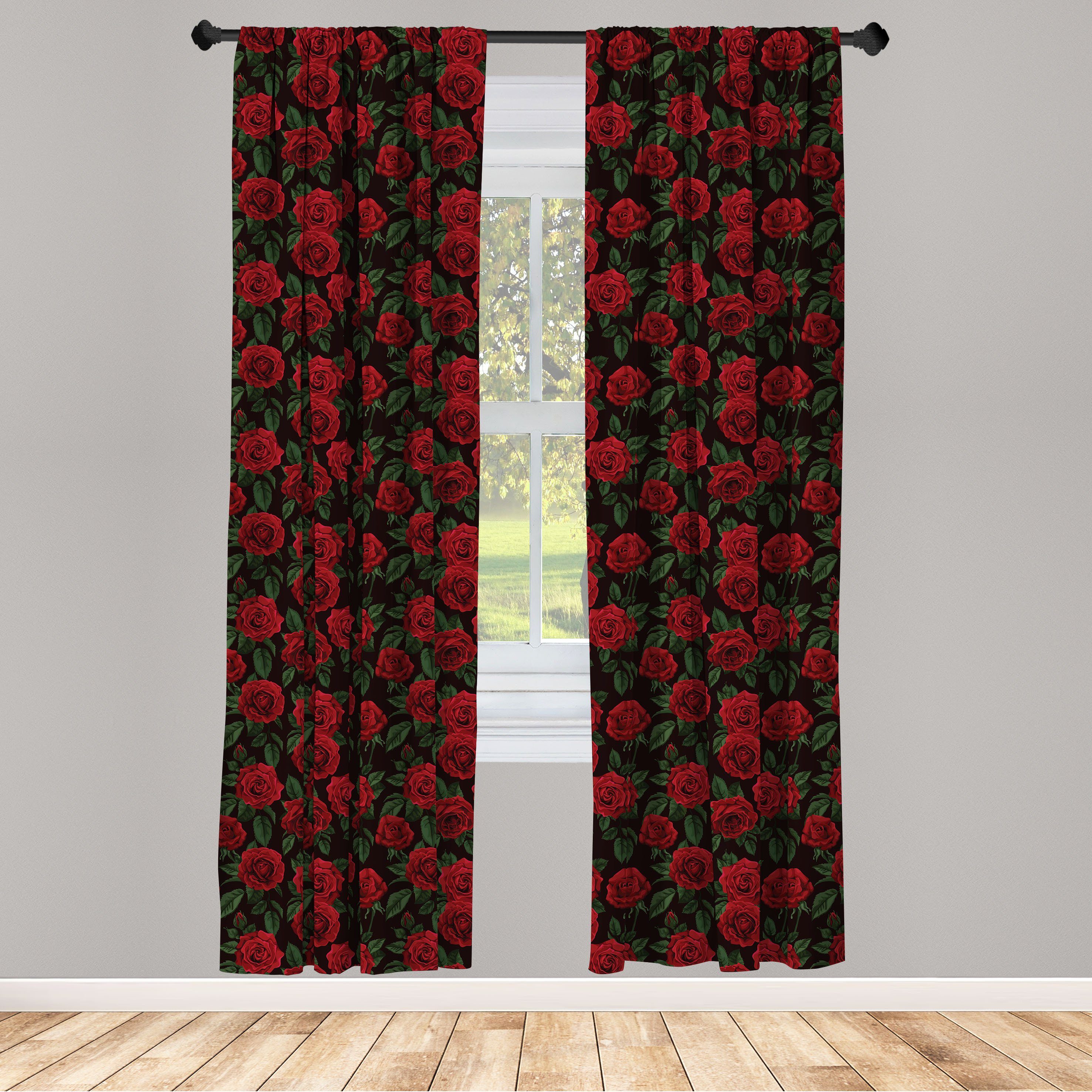 Gardine Vorhang für Wohnzimmer Schlafzimmer Dekor, Abakuhaus, Microfaser, Rose Retro Blumenblatt-Blatt Wachstum