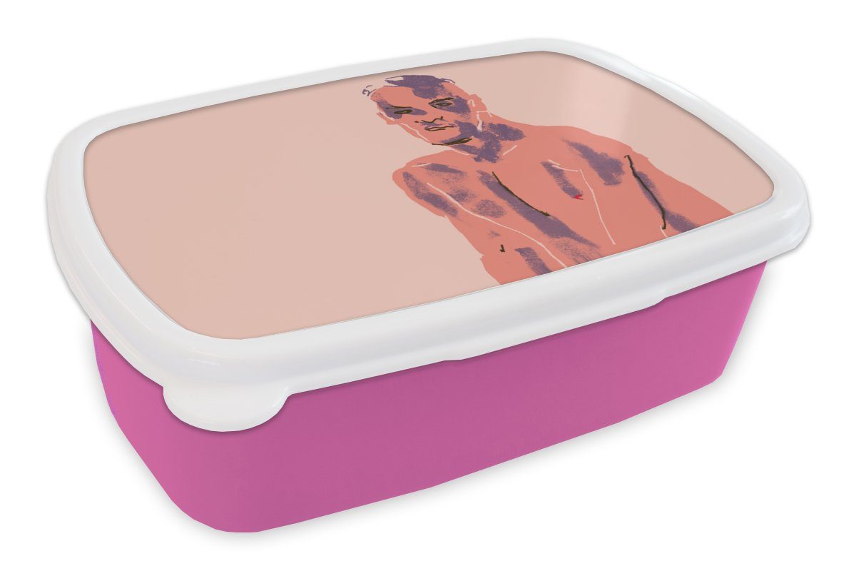 MuchoWow Lunchbox Porträt - Mann - Pastell - Lila - Kunst, Kunststoff, (2-tlg), Brotbox für Erwachsene, Brotdose Kinder, Snackbox, Mädchen, Kunststoff rosa