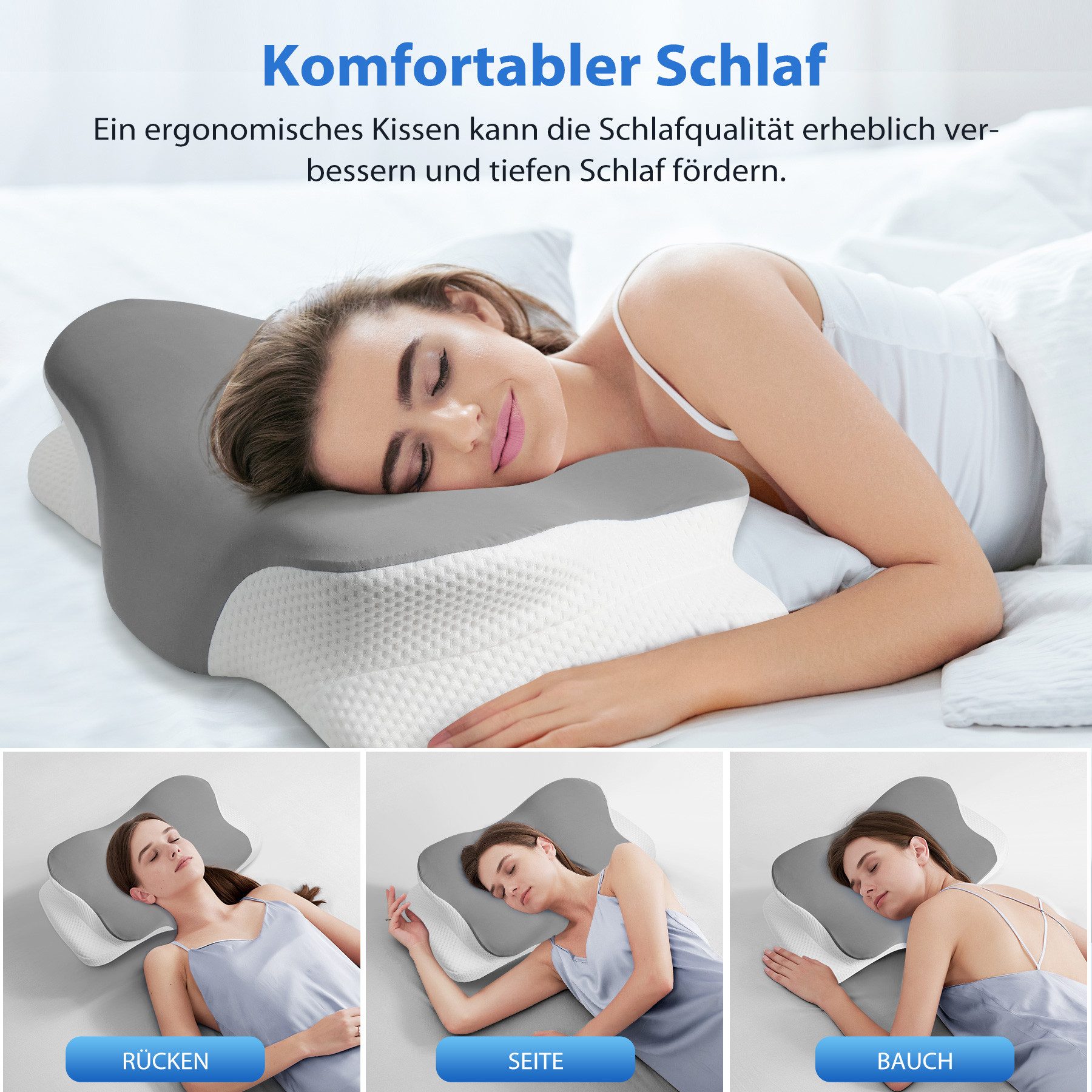 Simloveve Kopfkissen Nackenstützkissen,Nackenkissen,Seitenschläferkissen, Füllung: Memory Foam Kissen, Bezug: Abnehmbarer, atmungsaktiver Kissenbezug aus Eisseide, Kissen für Seiten Rücken & Bauchschläfer, stützendes Nackenkissen, ergonomisches Seitenschläferkissen