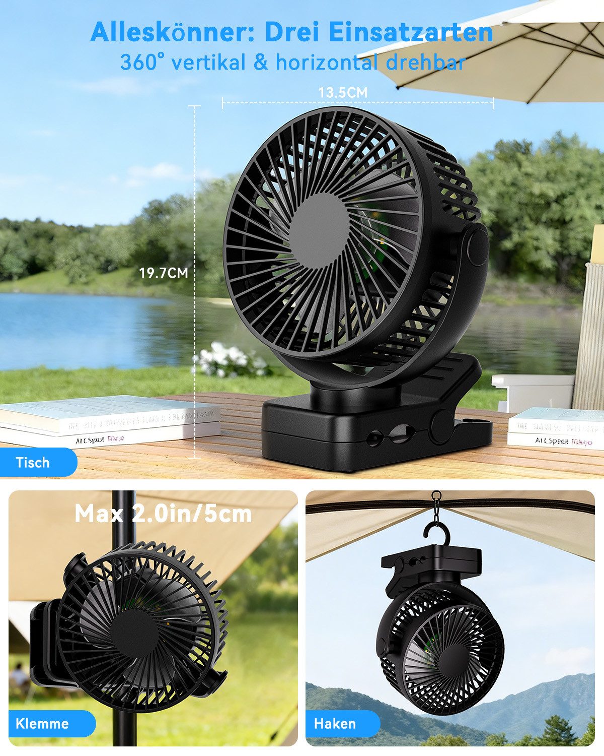 skelo Tischventilator USB Tischventilator Leise mit 8000mAh Akku, Clip Camping Ventilator, Mit Fernbedienung, Licht & Timer (2/4/6h), 360° drehbar, 3 Windstufen