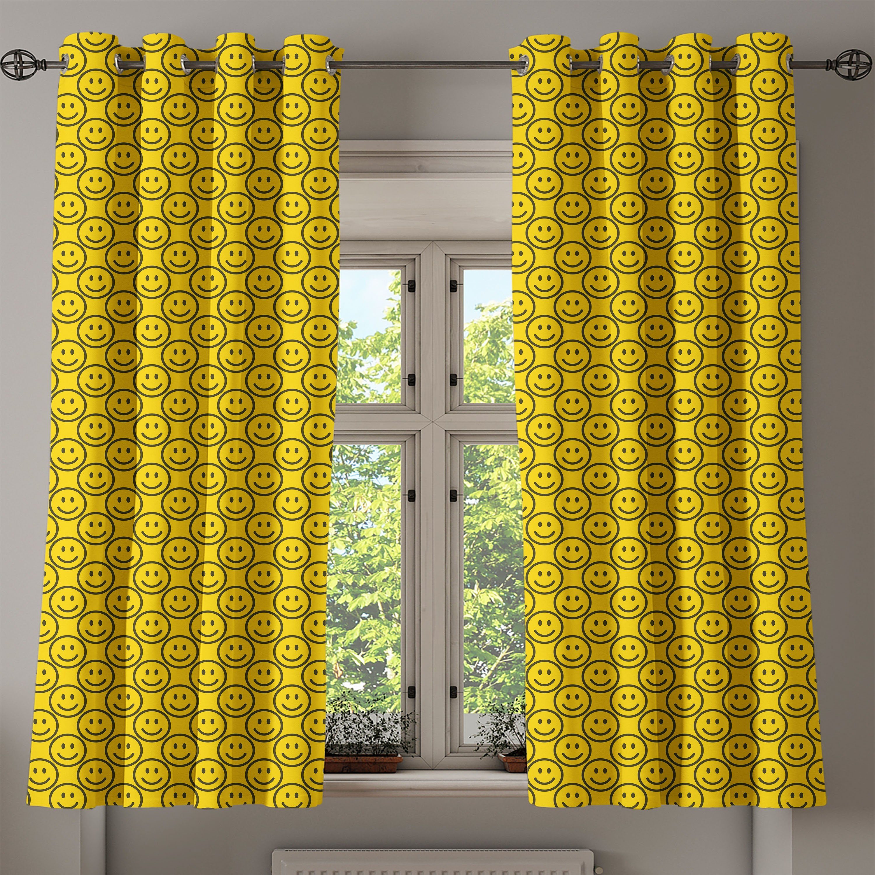 für 2-Panel-Fenstervorhänge Wohnzimmer, Diagonal Schlafzimmer Abakuhaus, Dekorative Faces Gardine emoji Smiling