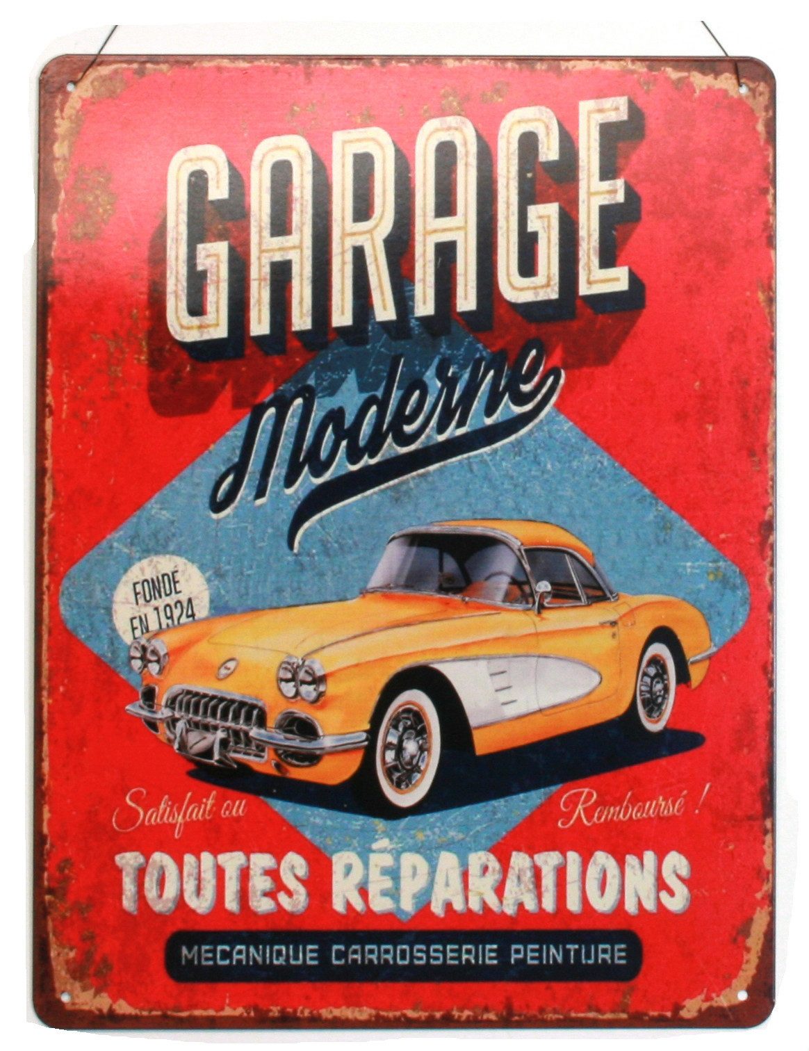 Moritz Metallschild Blechschild Garage Moderne Toutes Réparations gelbes Auto, (Einzeln), 25 x 33 cm Vintage Retro Deko Schild Metallschild Wandbild Schild